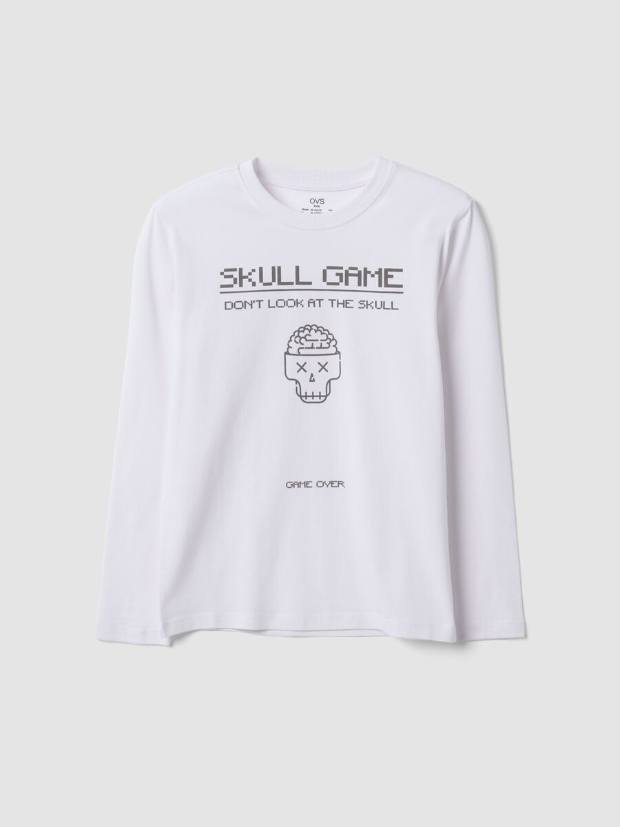 T-shirt bianca in puro cotone organico con girocollo e stampa teschio per ragazzo_0