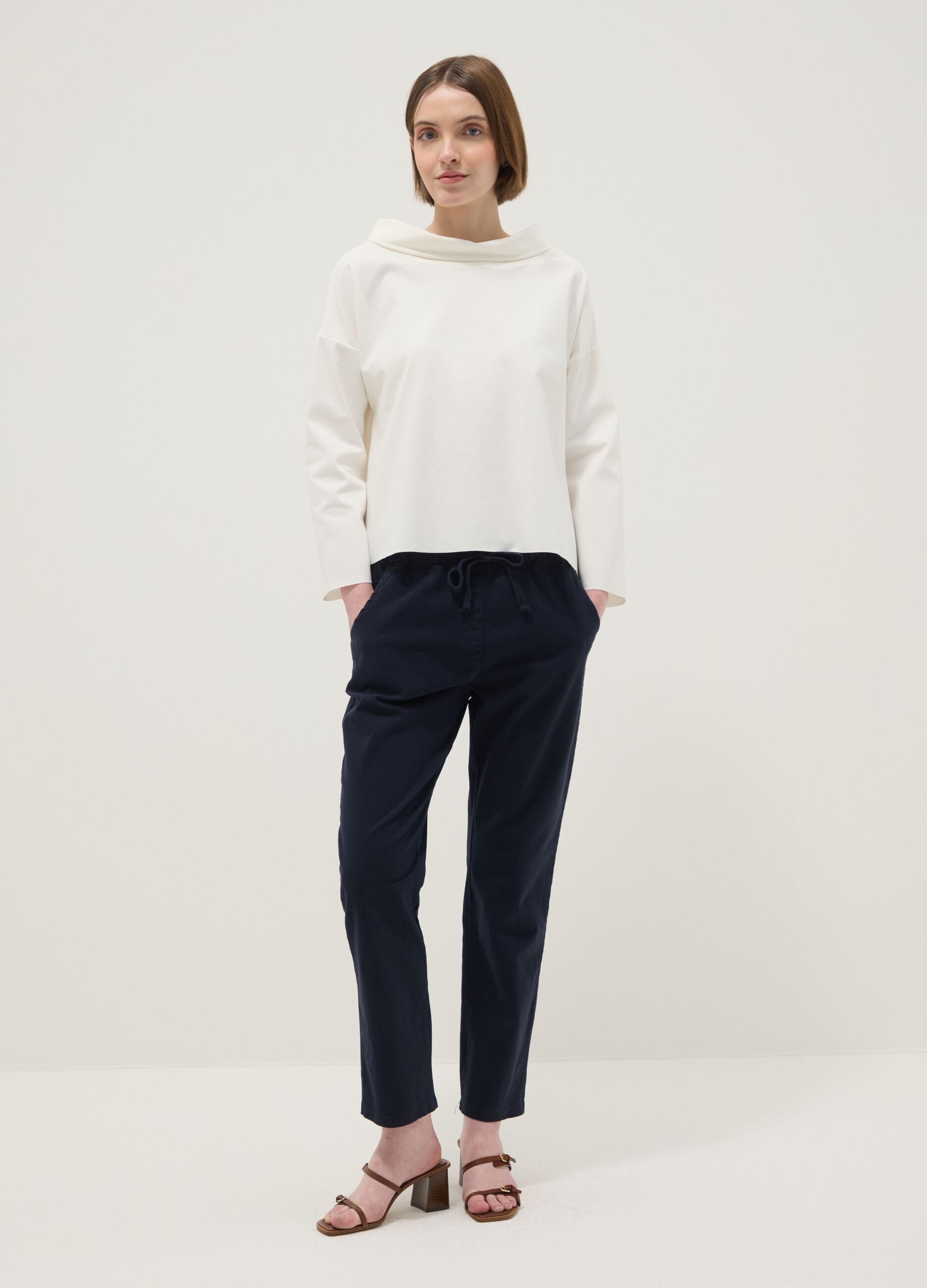 White regular fit stretch cotton blend jumper with wide neckline