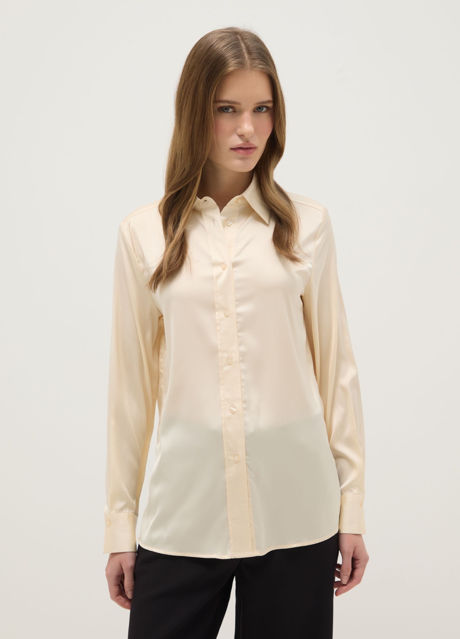 Beige long sleeve satin shirt regular fit