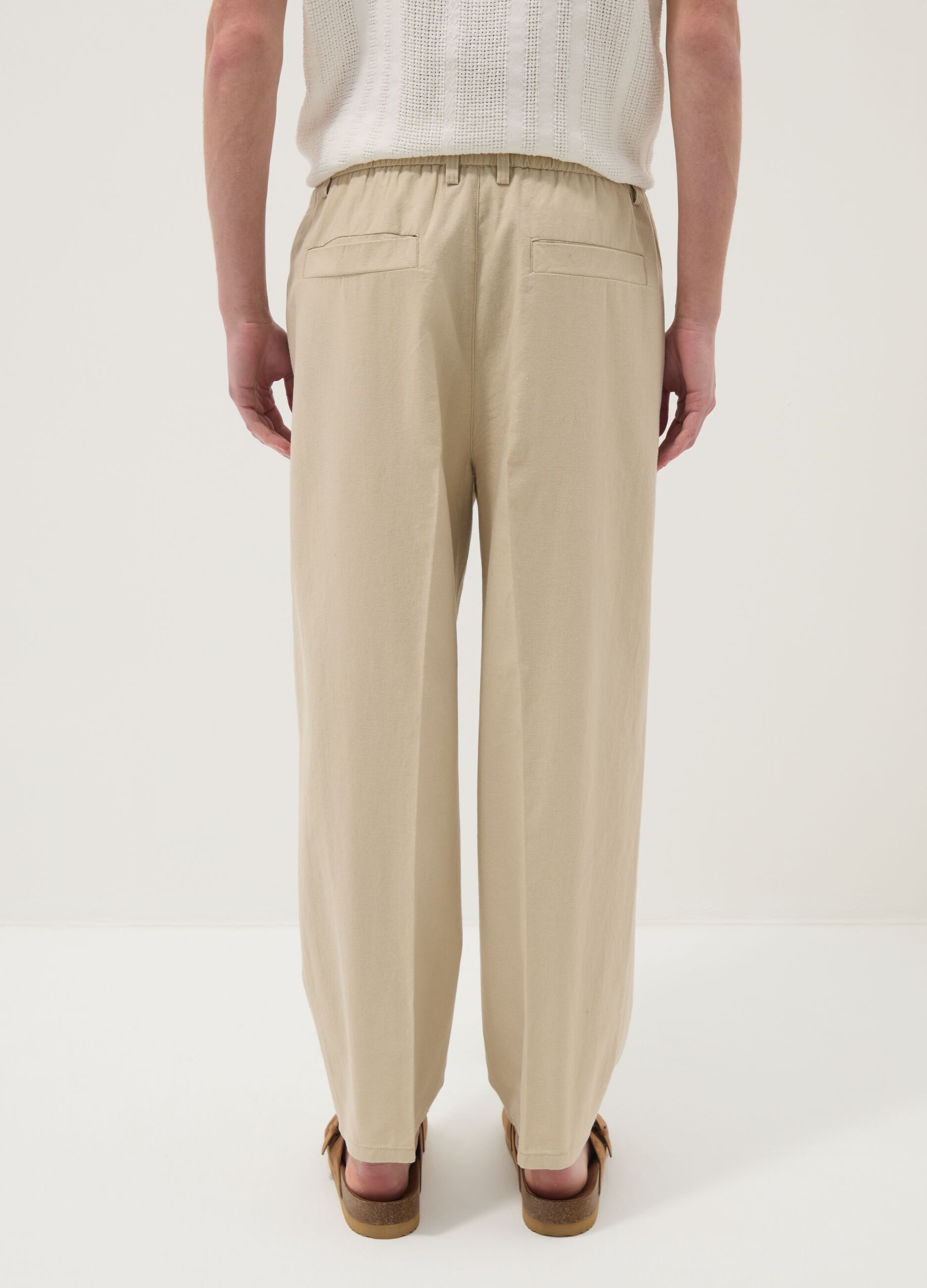 Pantaloni beige in misto lino e cotone con vita elasticizzata