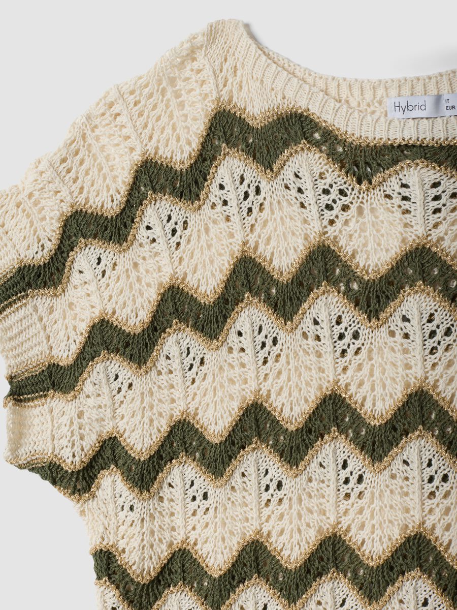 Beige open-knit striped top with green detailing in stretch cotton, regular fit_5