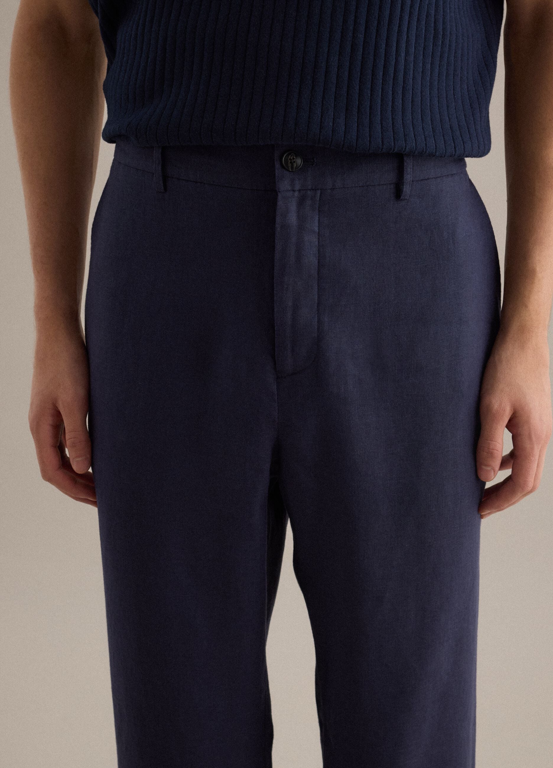 Regular fit pure linen blue trousers