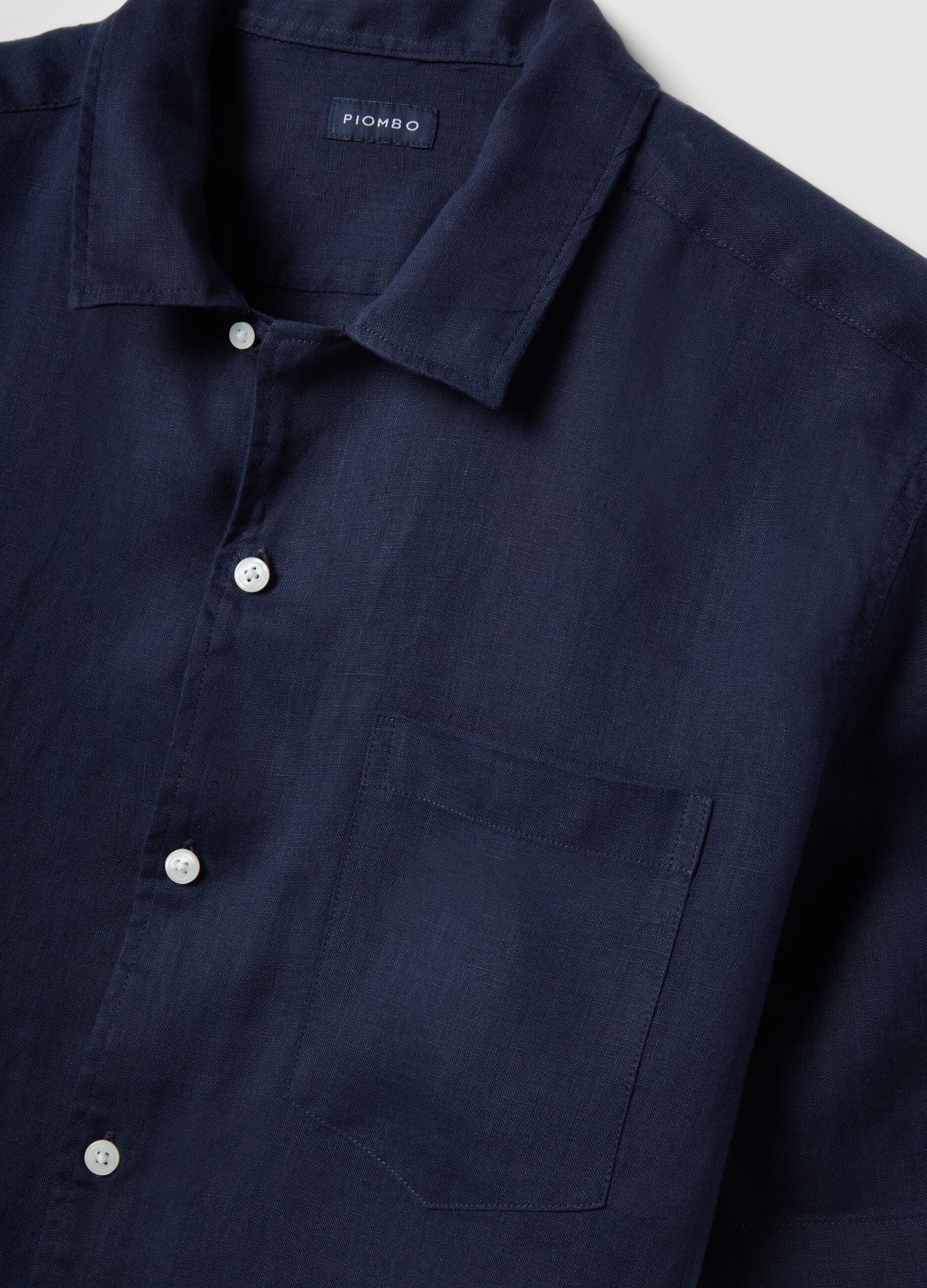Blue short sleeve pure linen regular fit shirt with chest pocket