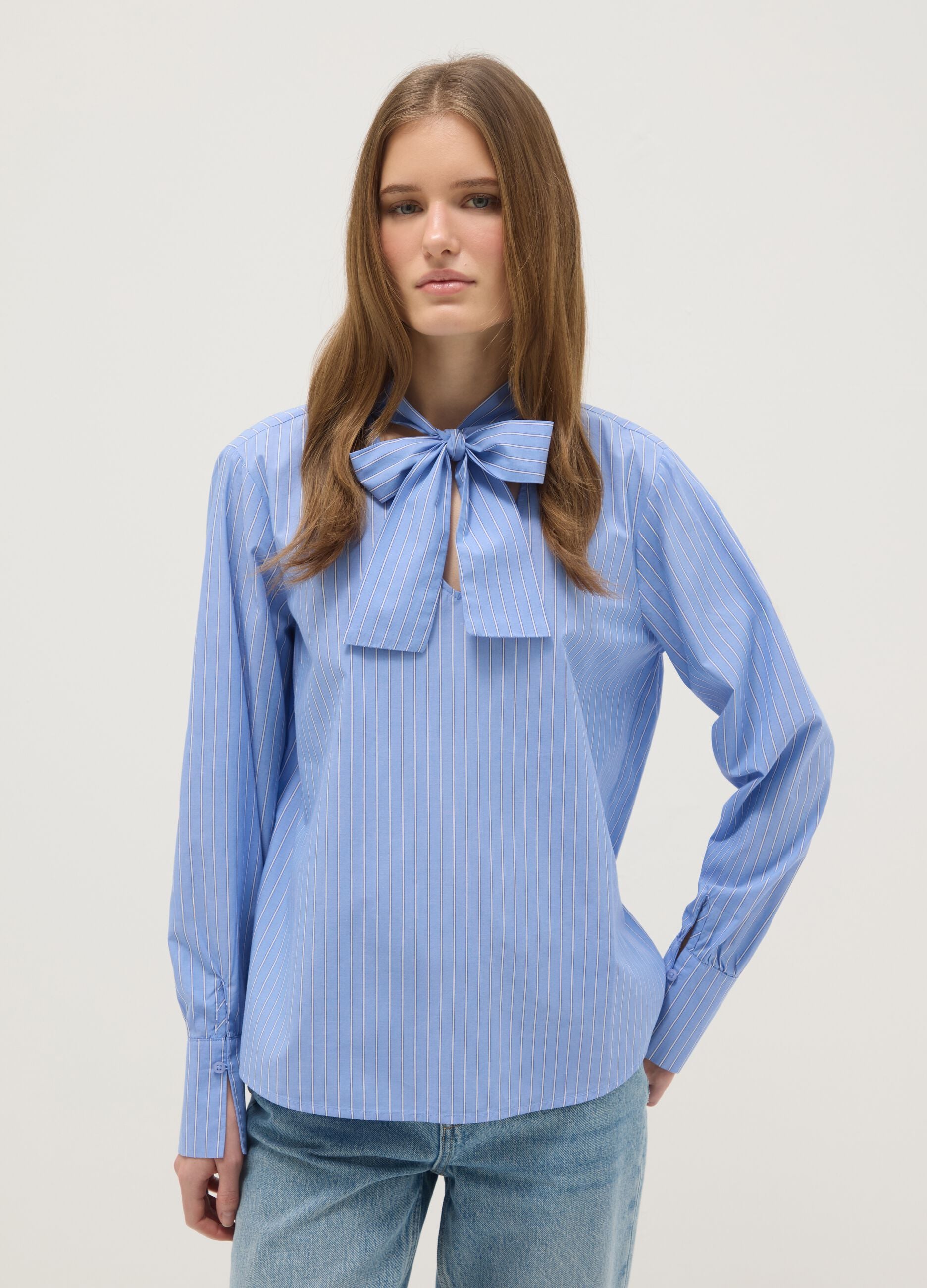 Multicolour striped shirt in pure cotton regular fit with band collar