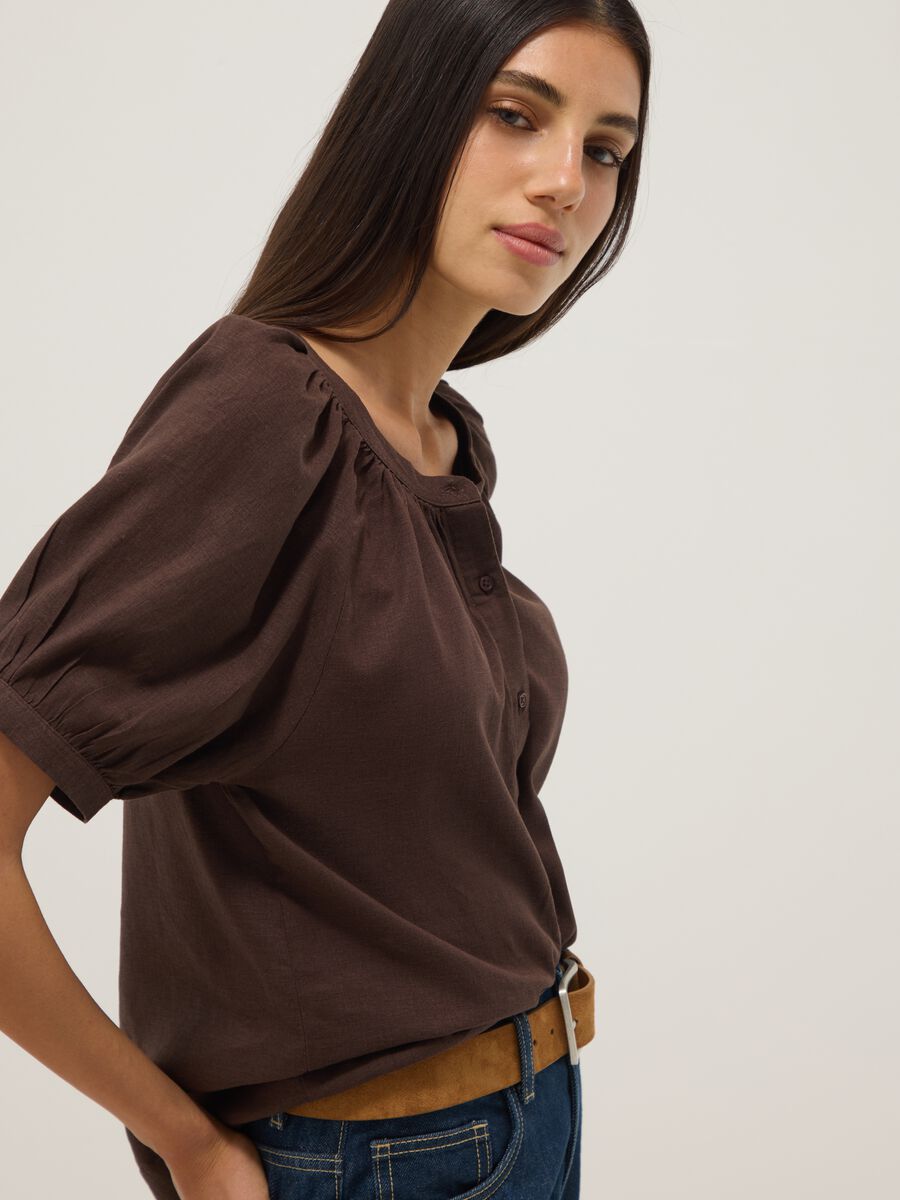 Brown linen blend regular fit shirt with Mandarin collar_0