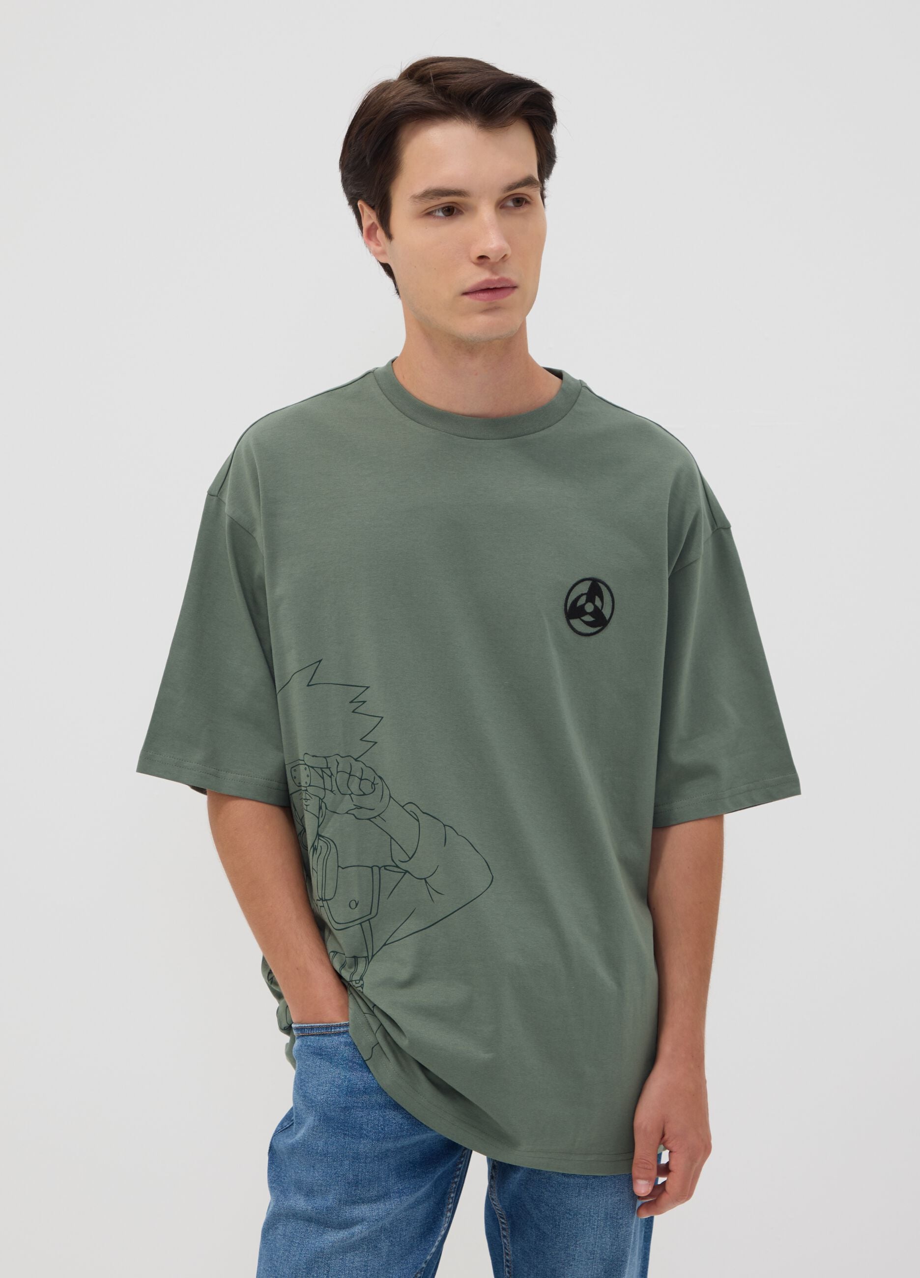 Green pure cotton T-shirt with Naruto print