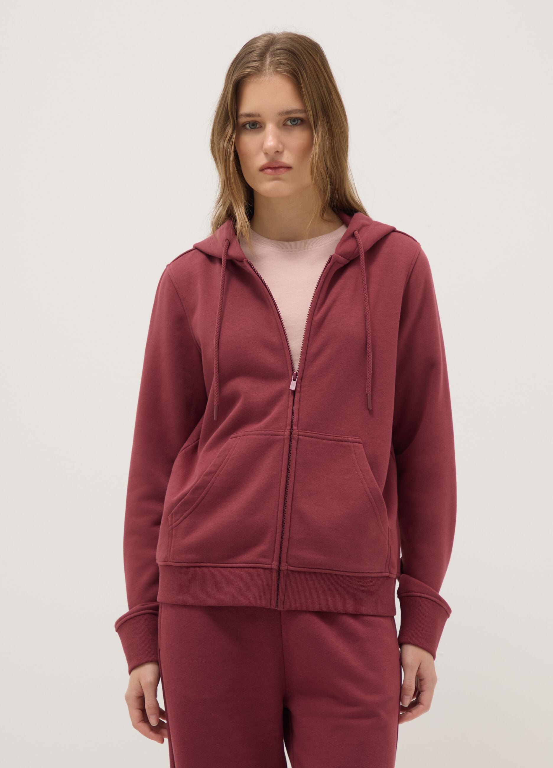 Pink cotton blend hoodie regular fit with zip