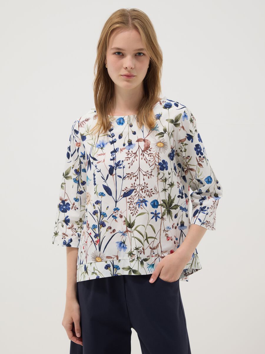 White stretch-cotton blouse with floral print_1