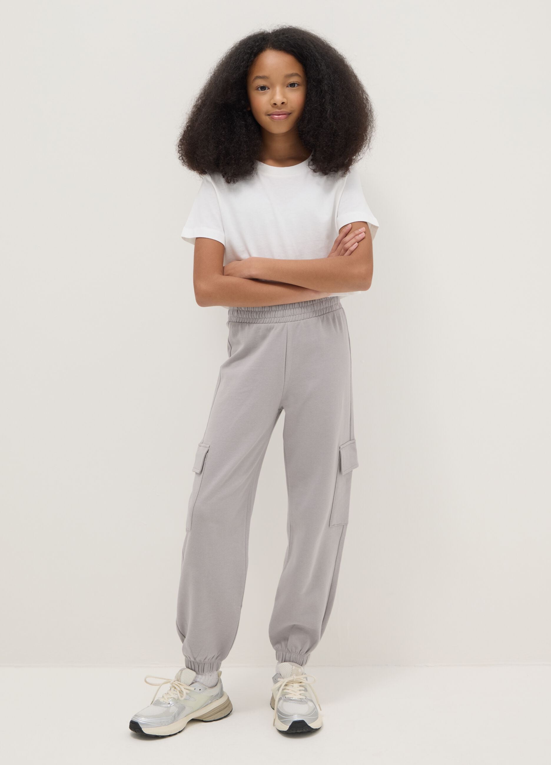 Girls' regular fit grey pure cotton jogger trousers