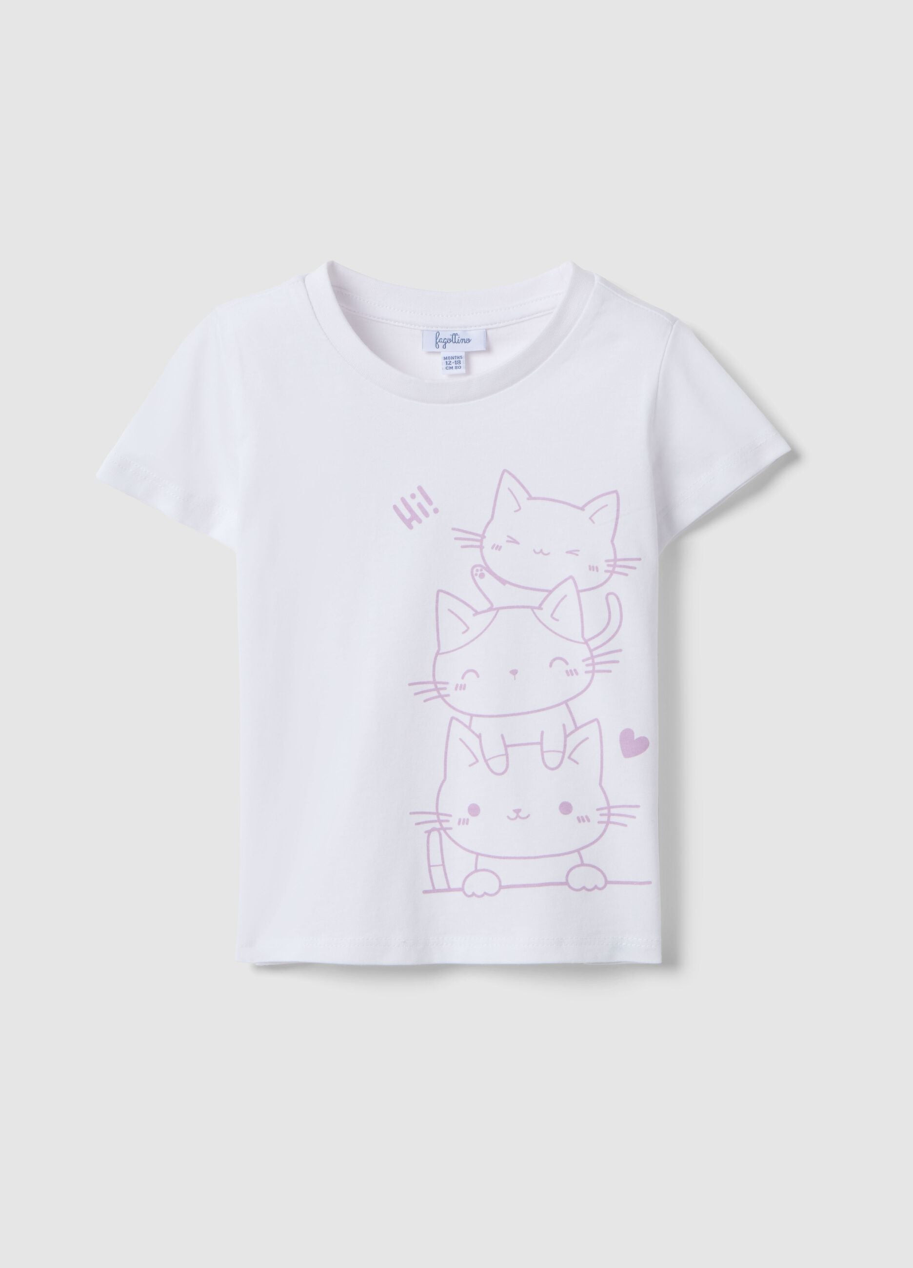 Girls' white cotton t-shirt with cat print, regular fit