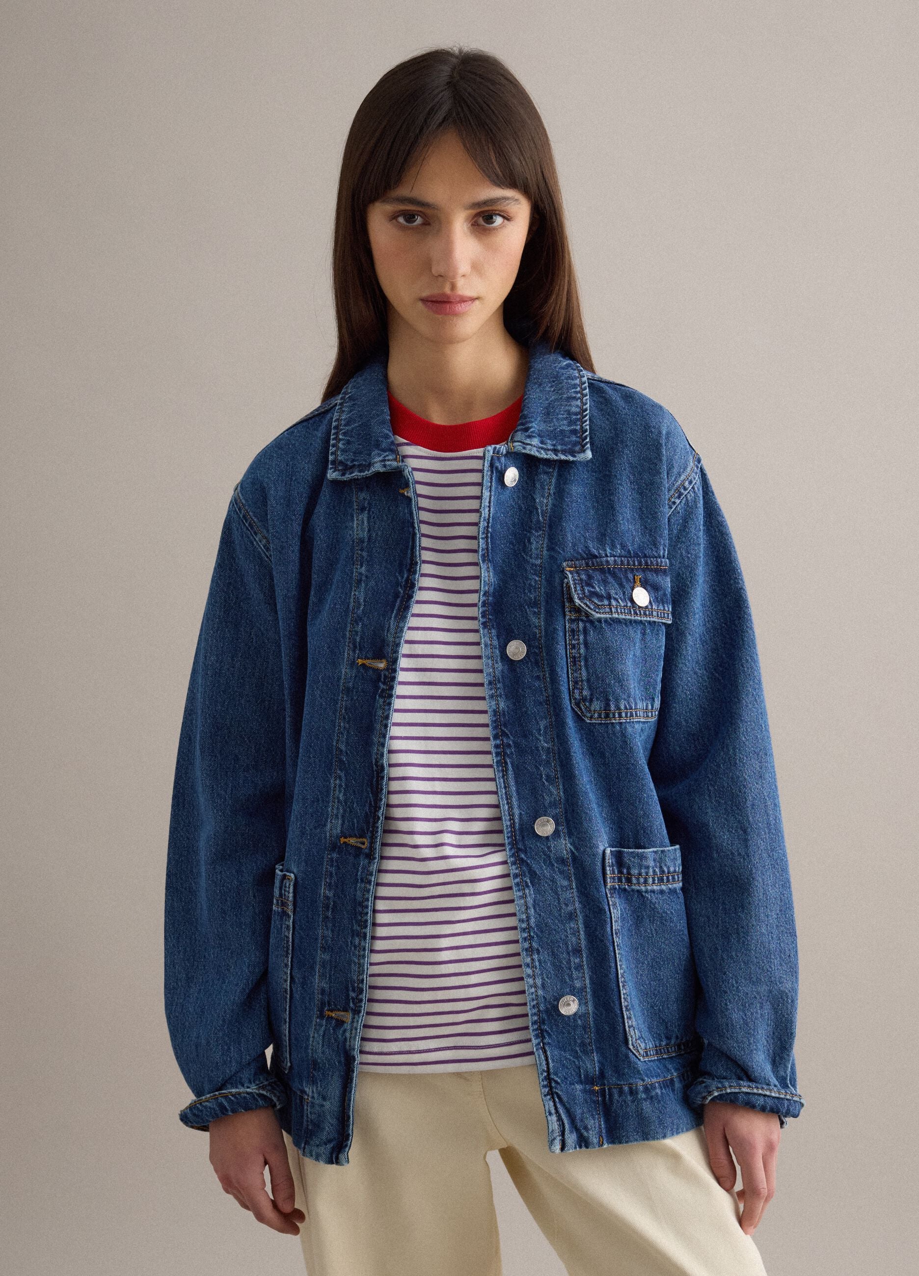 Blue denim jacket, pure cotton, regular fit with belt