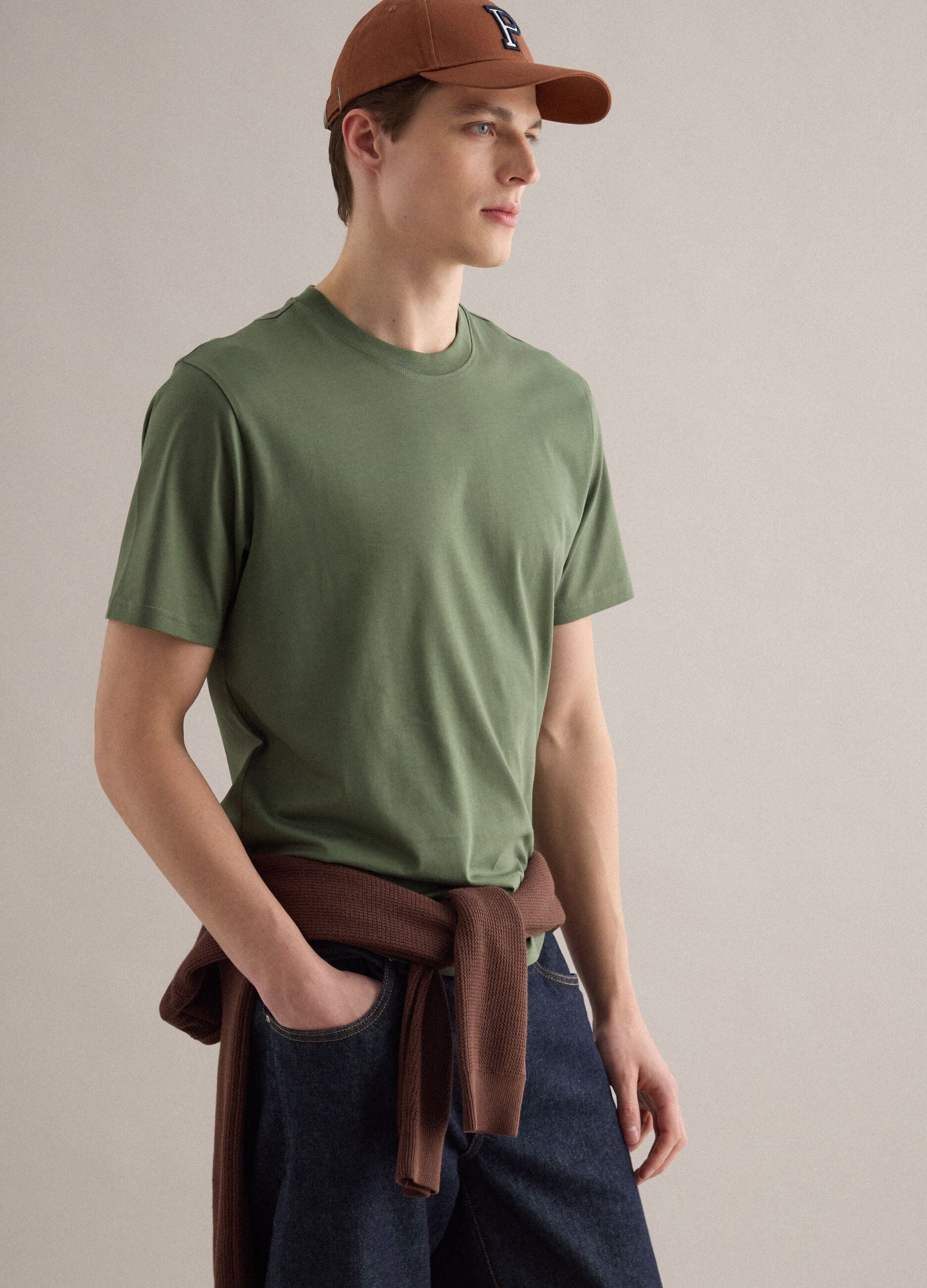 Green pure cotton crew neck T-shirt relaxed fit