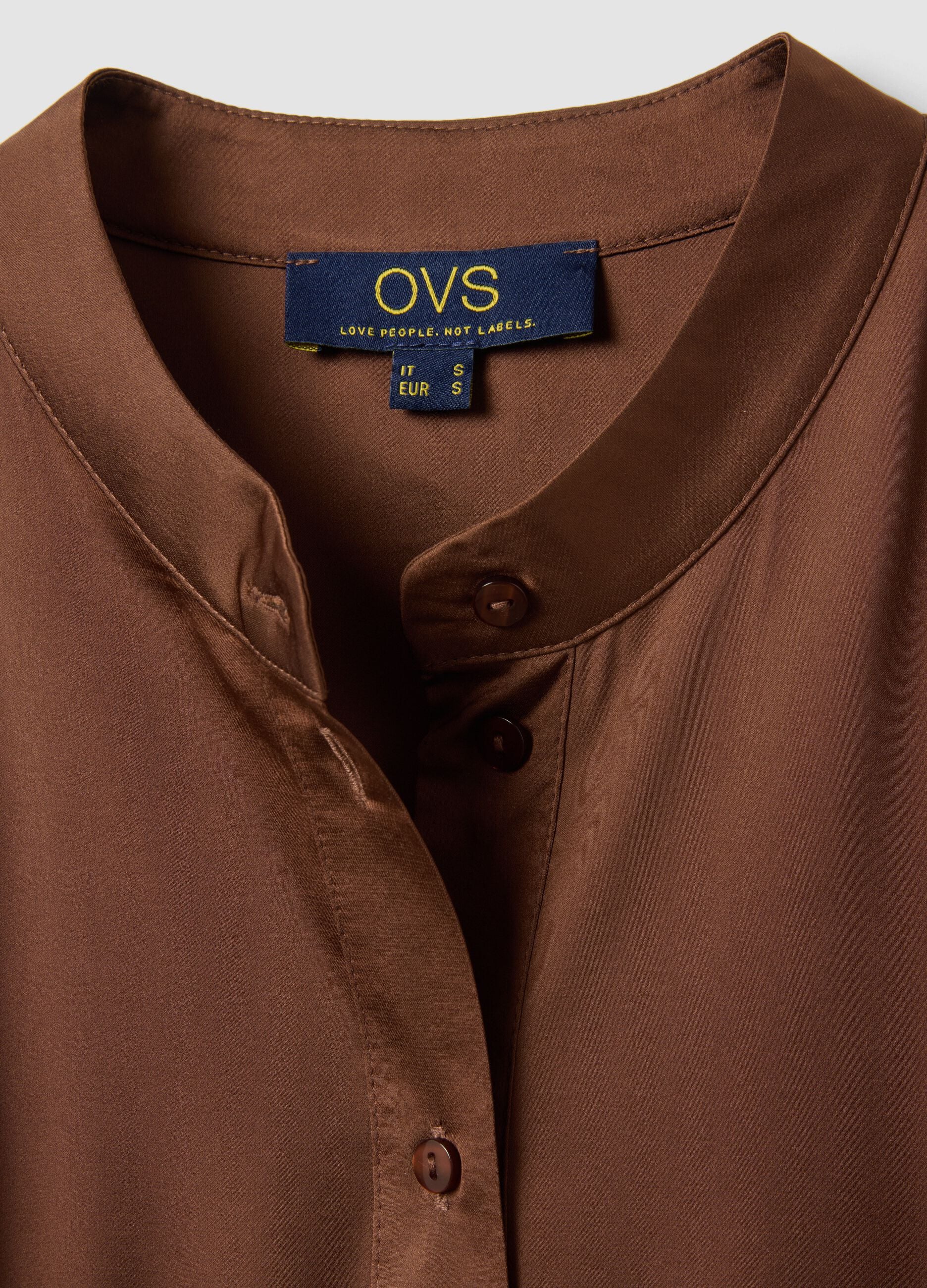 Brown short-sleeve blouse regular fit with mandarin collar