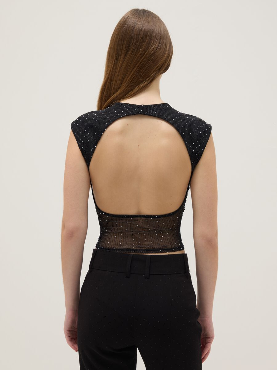 Black sleeveless top regular fit with back open and rhinestones_3