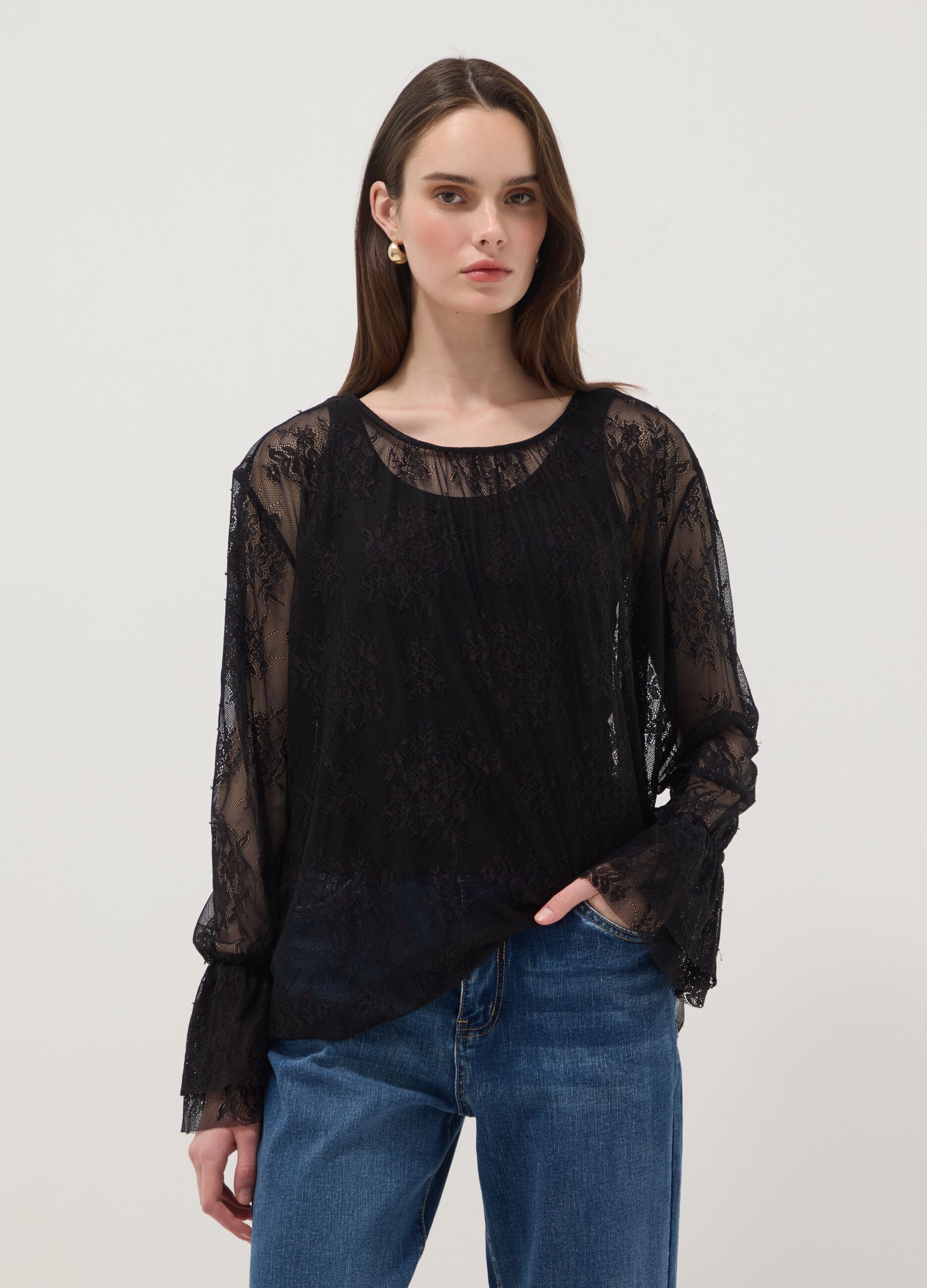 Black stretch blouse with sheer lace, regular fit