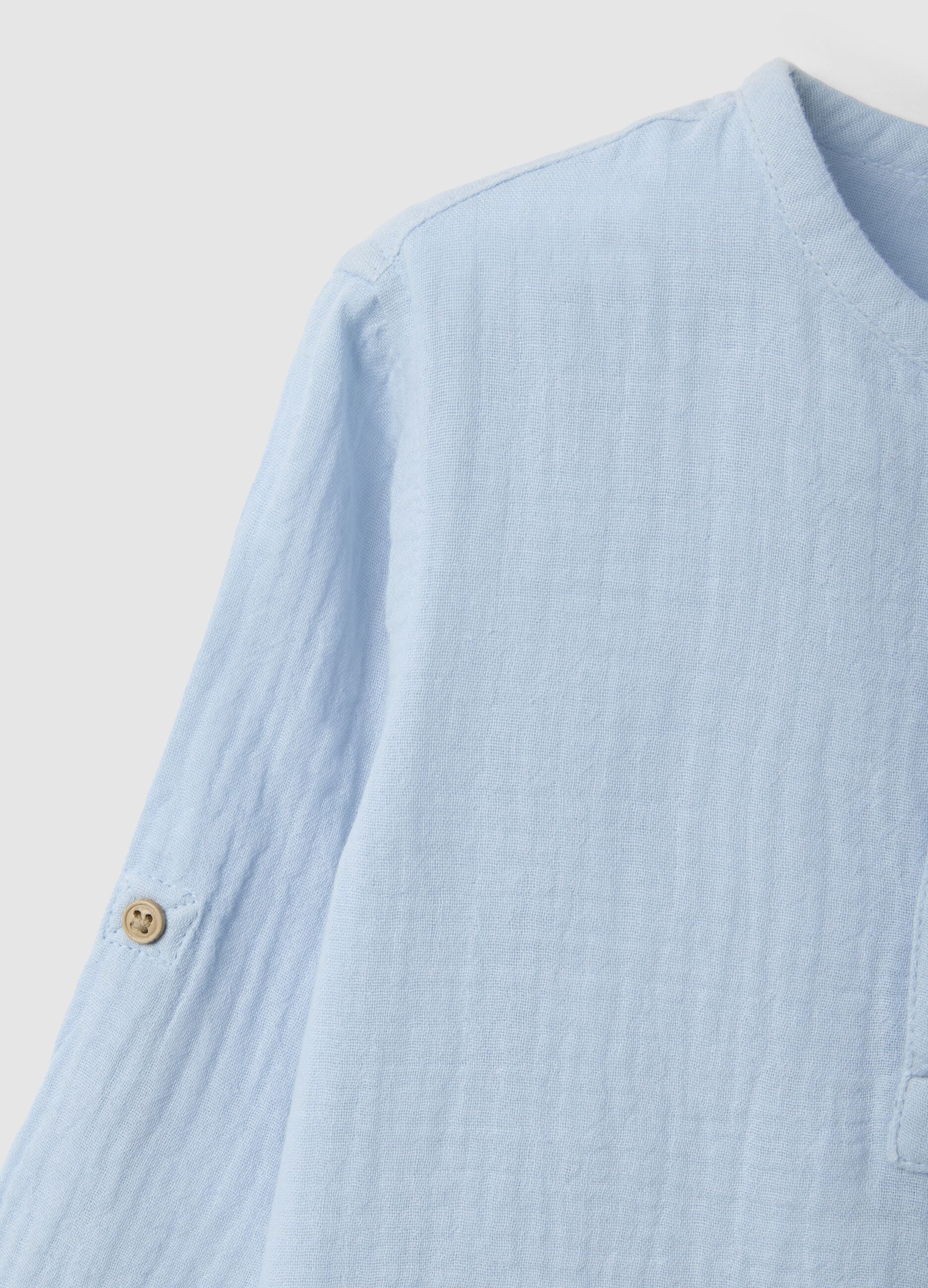 Boys' light blue pure cotton shirt with regular fit and Mandarin collar