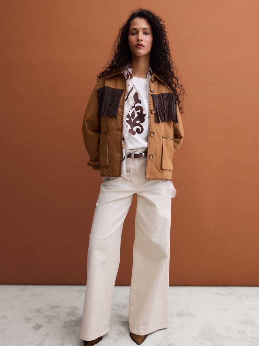 Brown pure cotton fringed shacket, regular fit_2