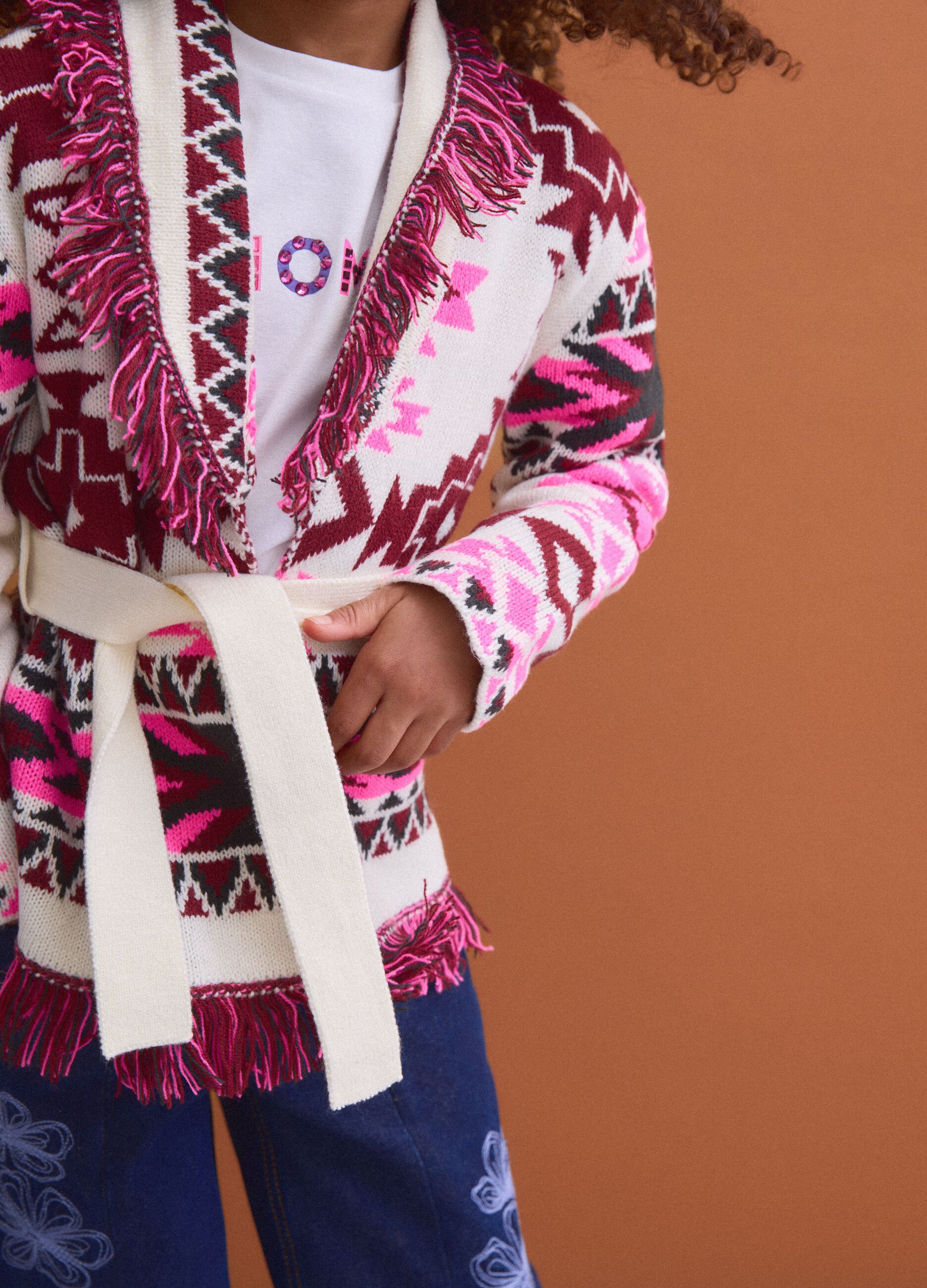 Girls&rsquo; multicolour jacquard cardigan with deep V-neck