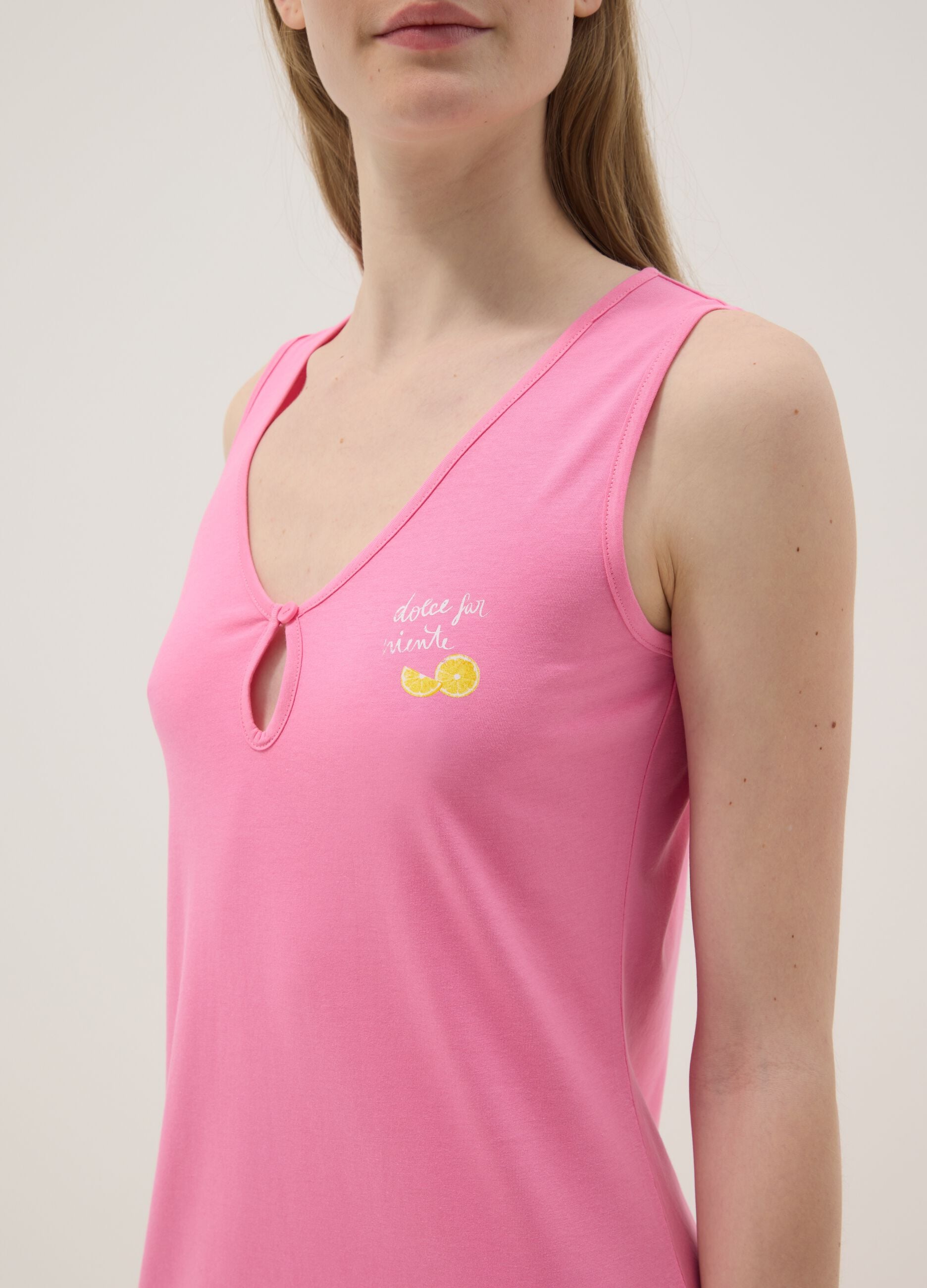 Pink pure cotton nightdress with V-neck