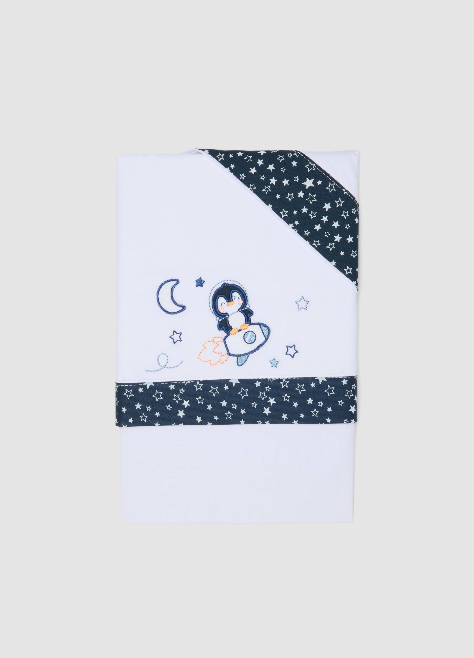 White and blue pure cotton baby sheet with penguin print