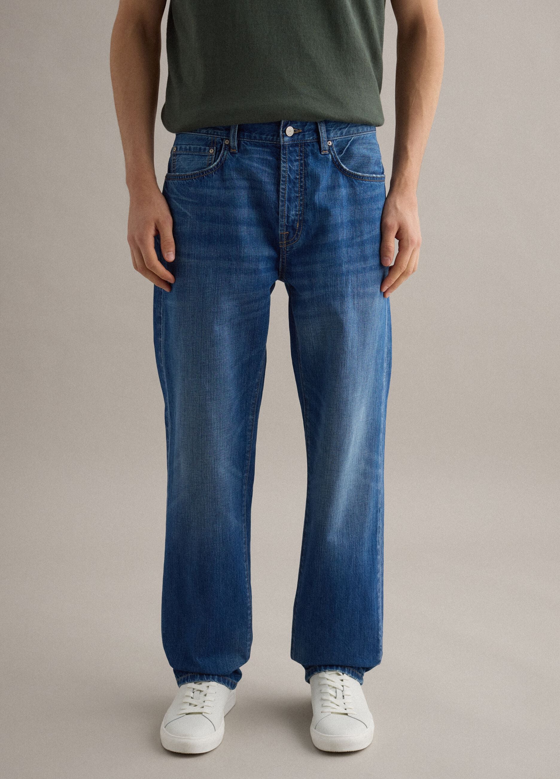 Blue cotton and linen blend denim jeans regular fit
