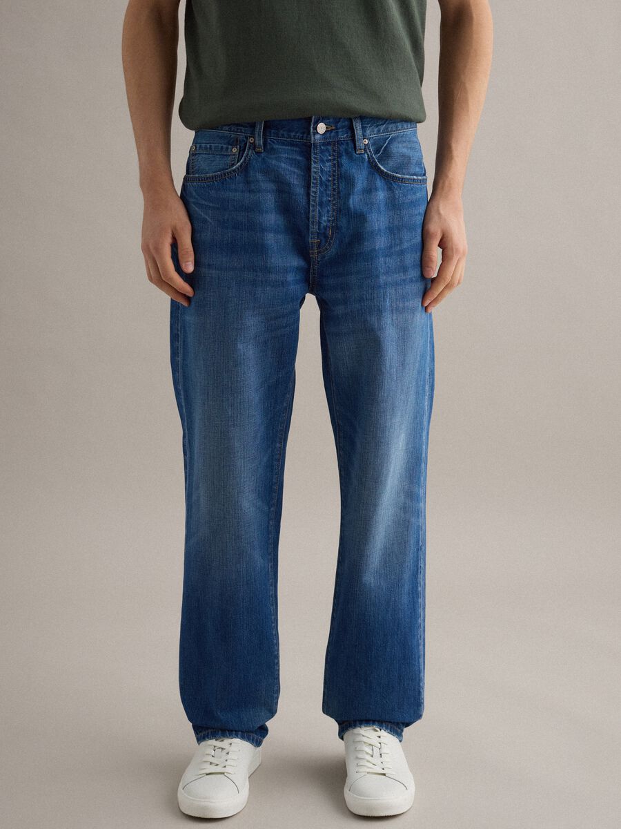 Blue cotton and linen blend denim jeans regular fit_1