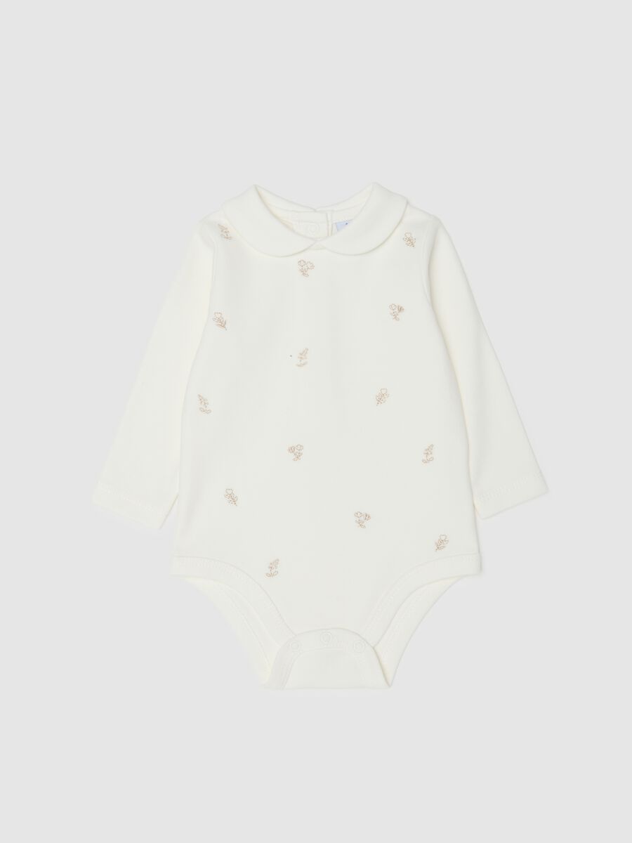 Body bianco da neonata in puro cotone con colletto e ricami_0