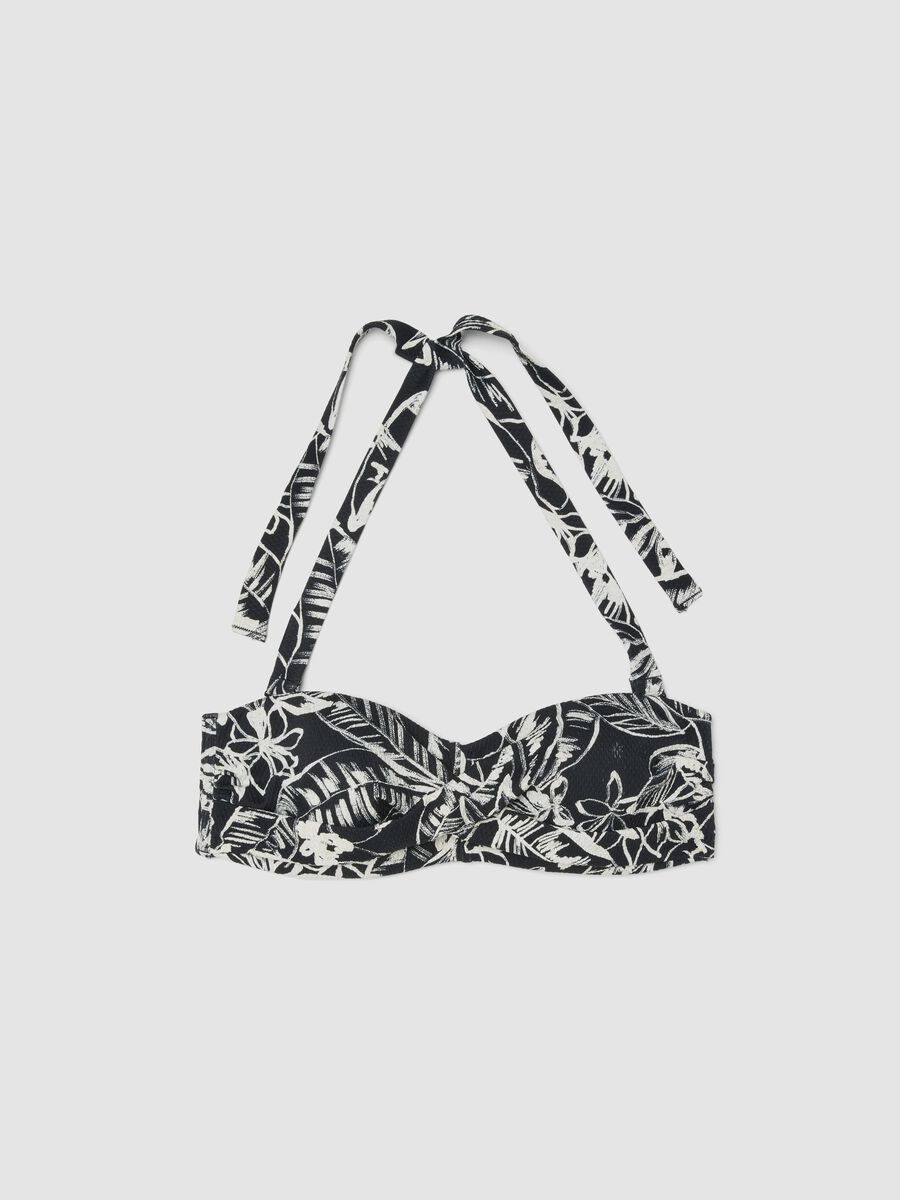 Black stretch bandeau bikini top with floral print_4
