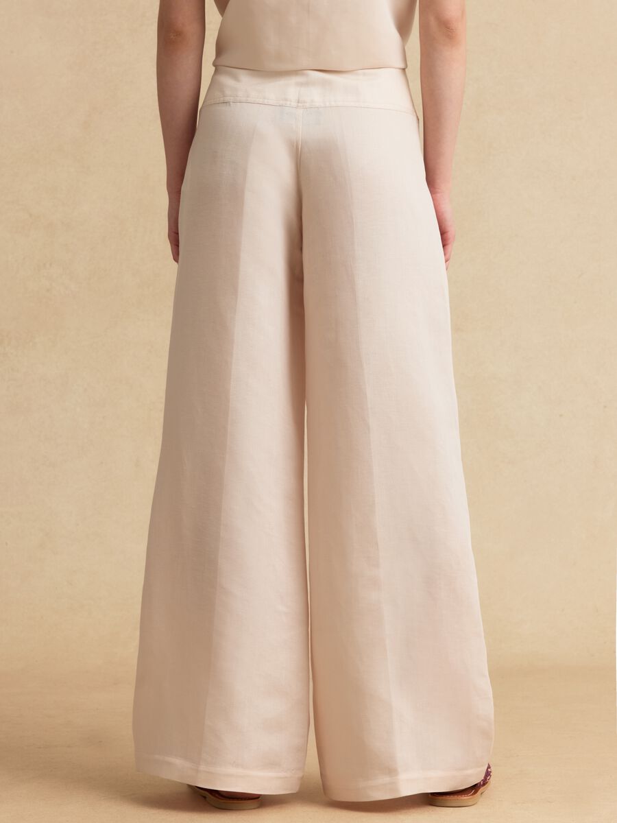 Pink linen-viscose blend wide-leg trousers with side zip fastening_2