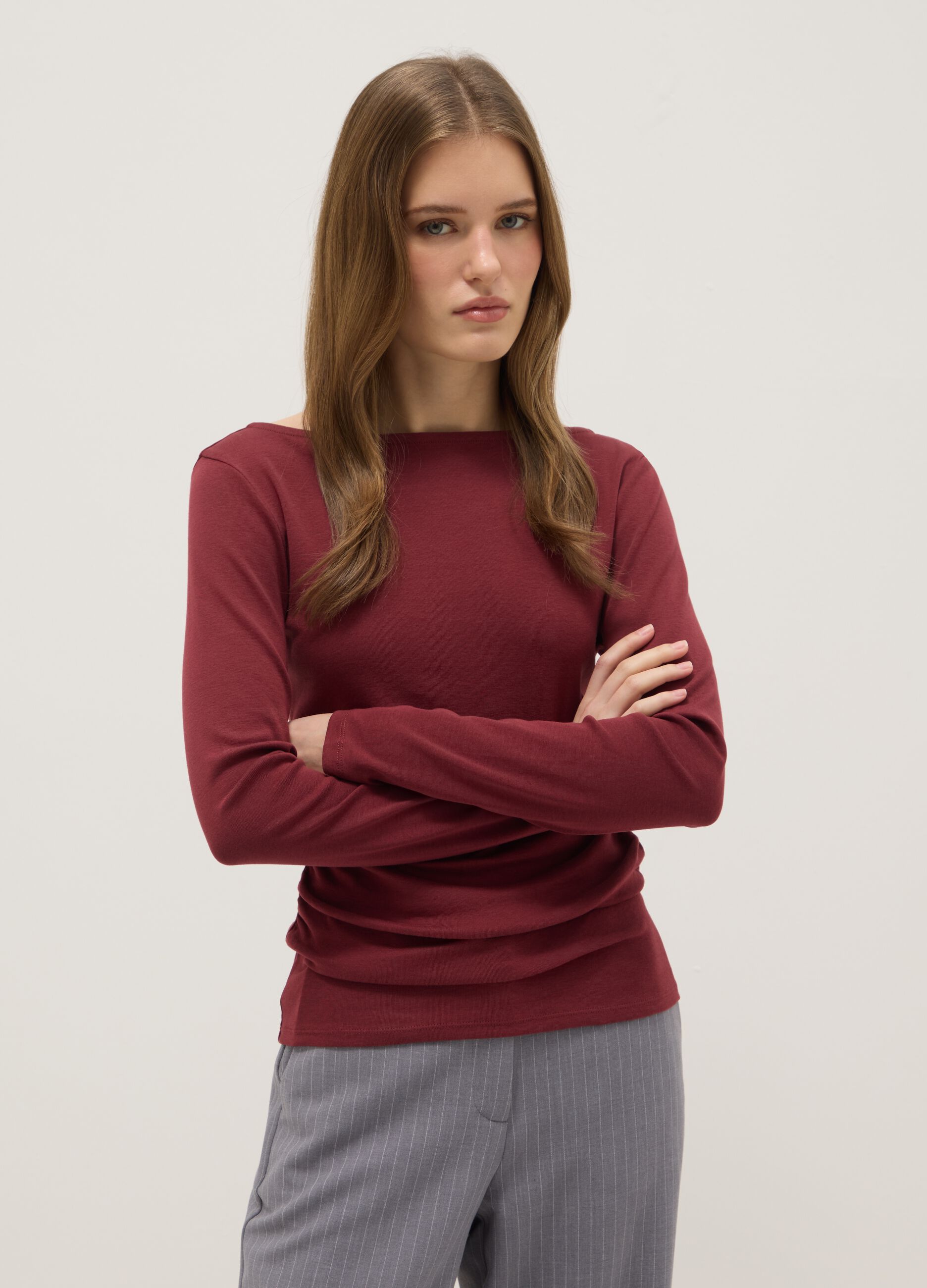 Red long-sleeved pure cotton T-shirt regular fit