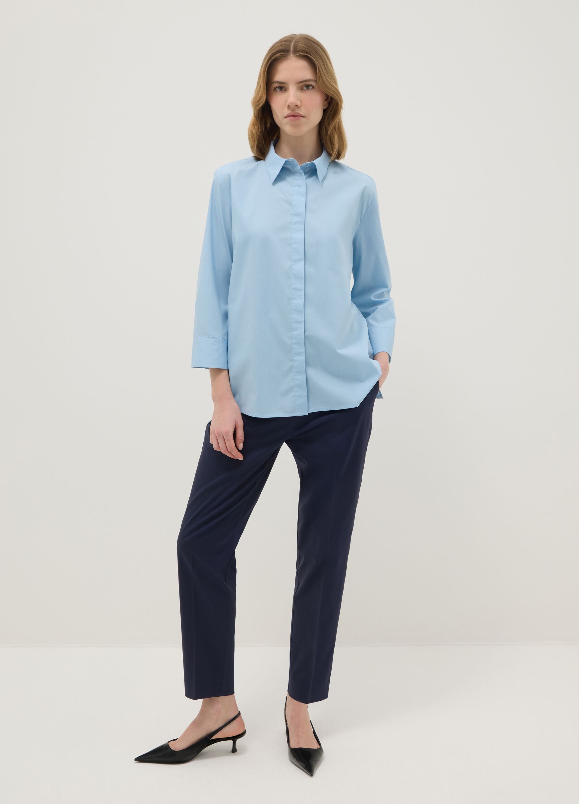 Blue Stretch Cotton Satin Trousers Regular Fit