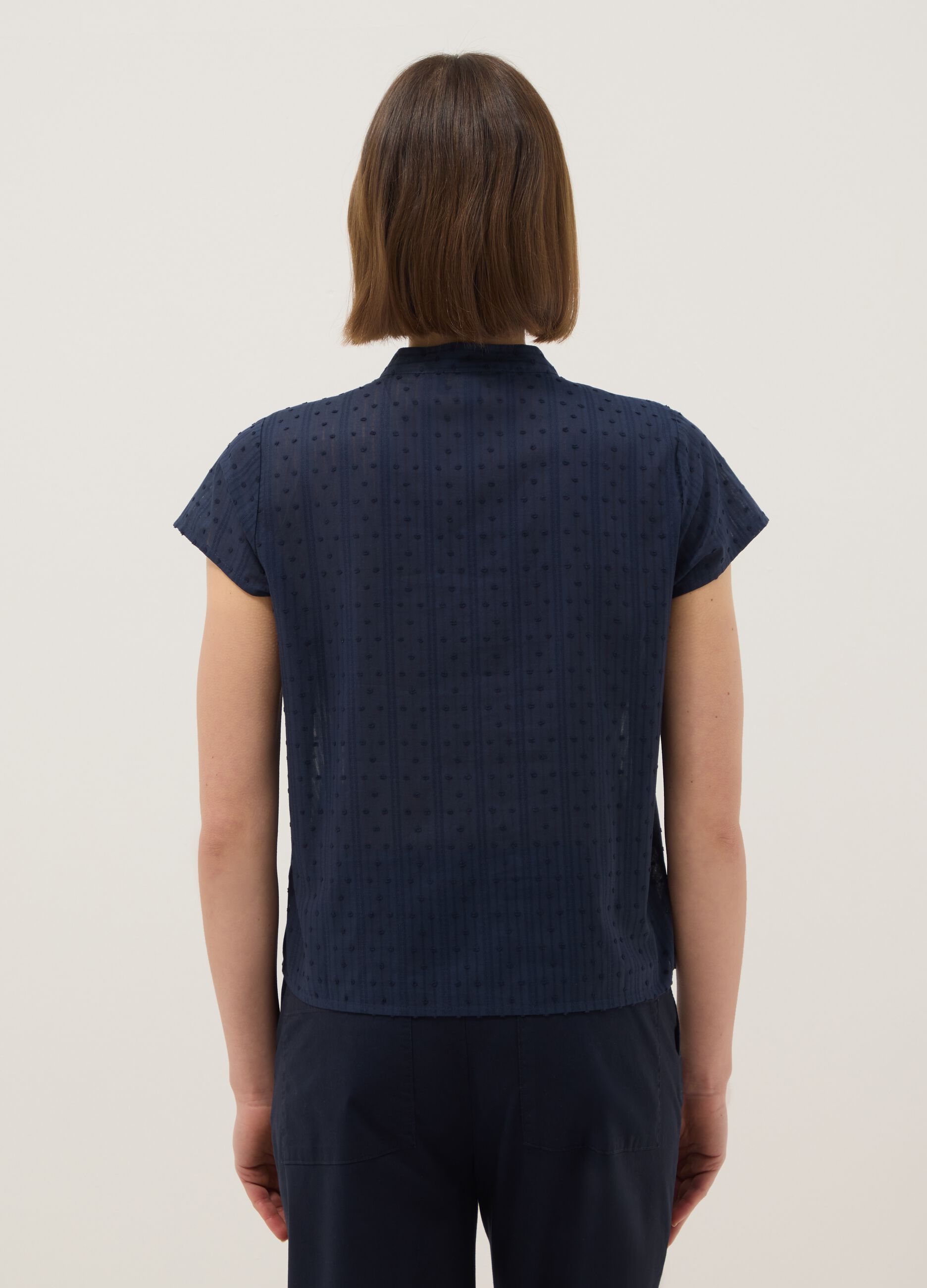 Blue pure cotton regular fit blouse with deep V transparency