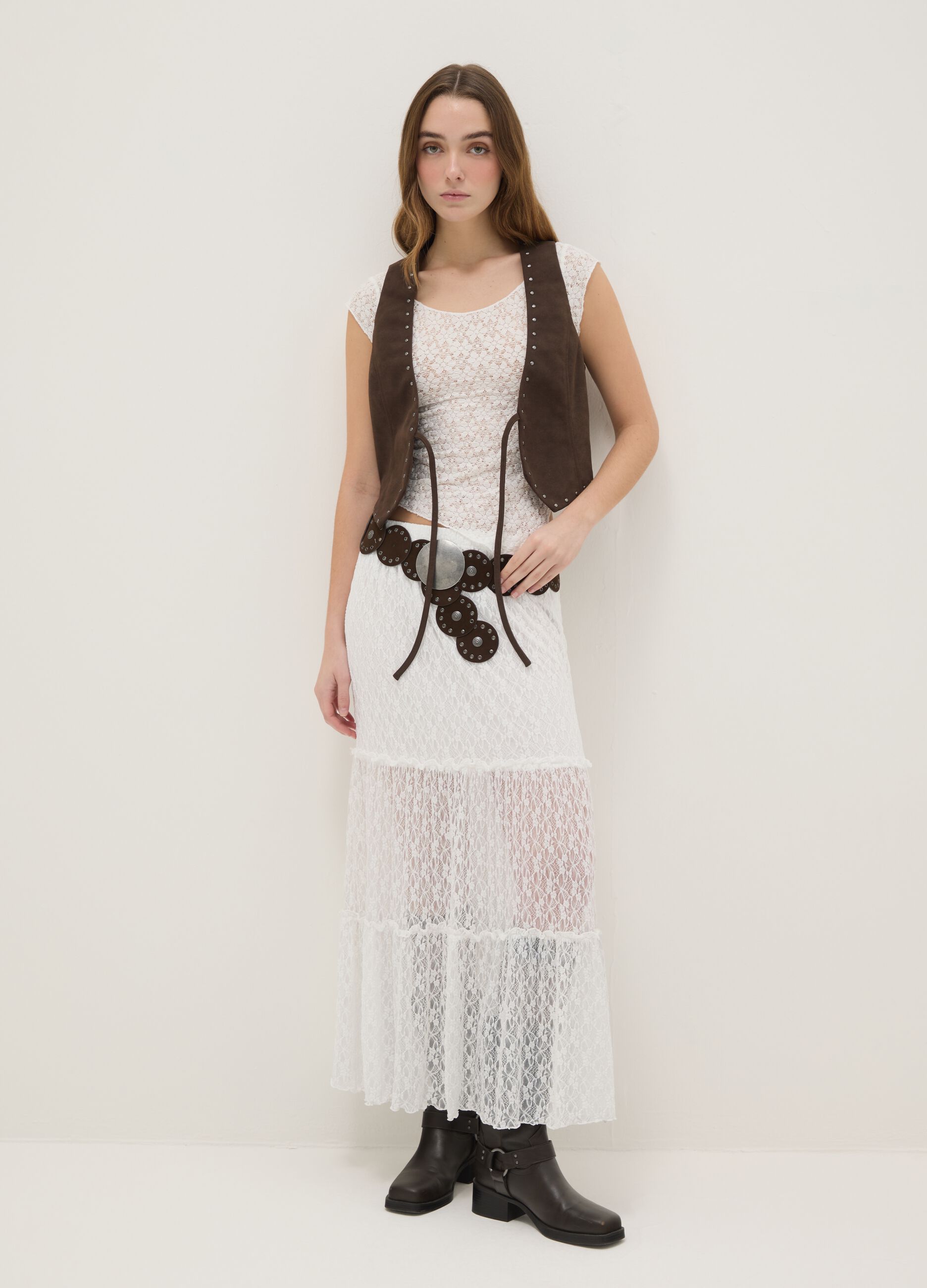 Brown string-closure vest without buttons, regular fit