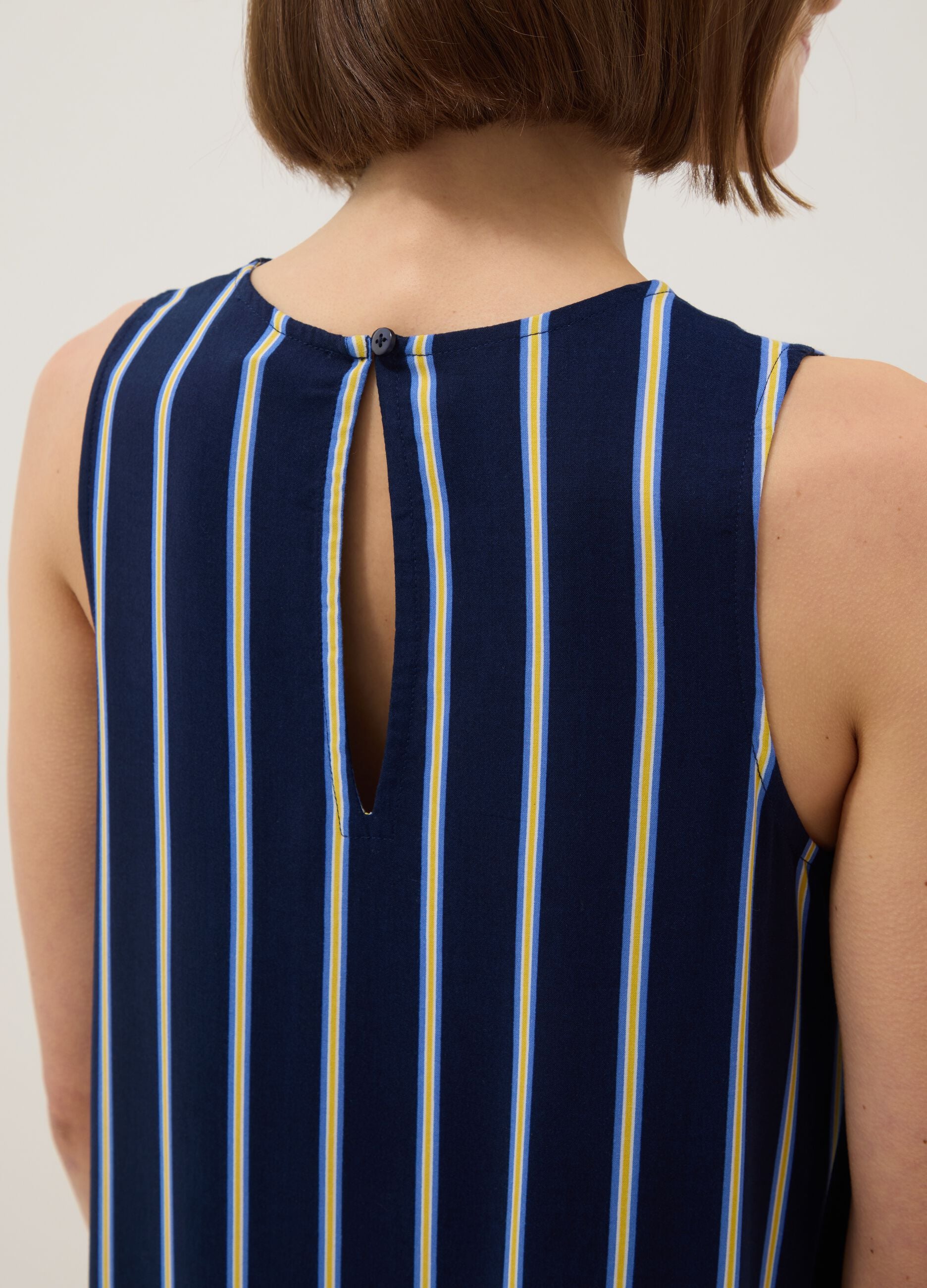 Sleeveless pure viscose multicolour striped dress, regular fit