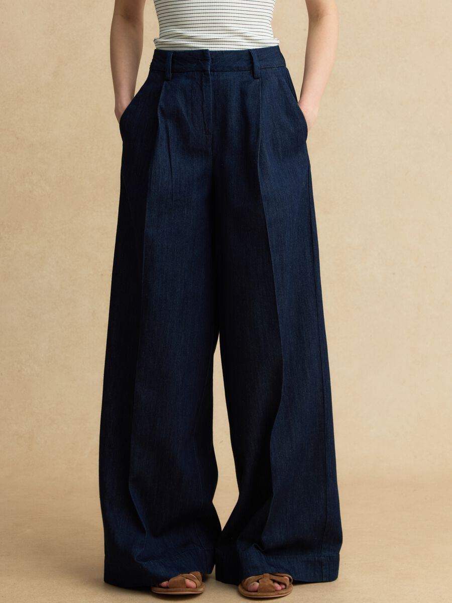 Pantaloni in puro cotone denim blu wide leg_1