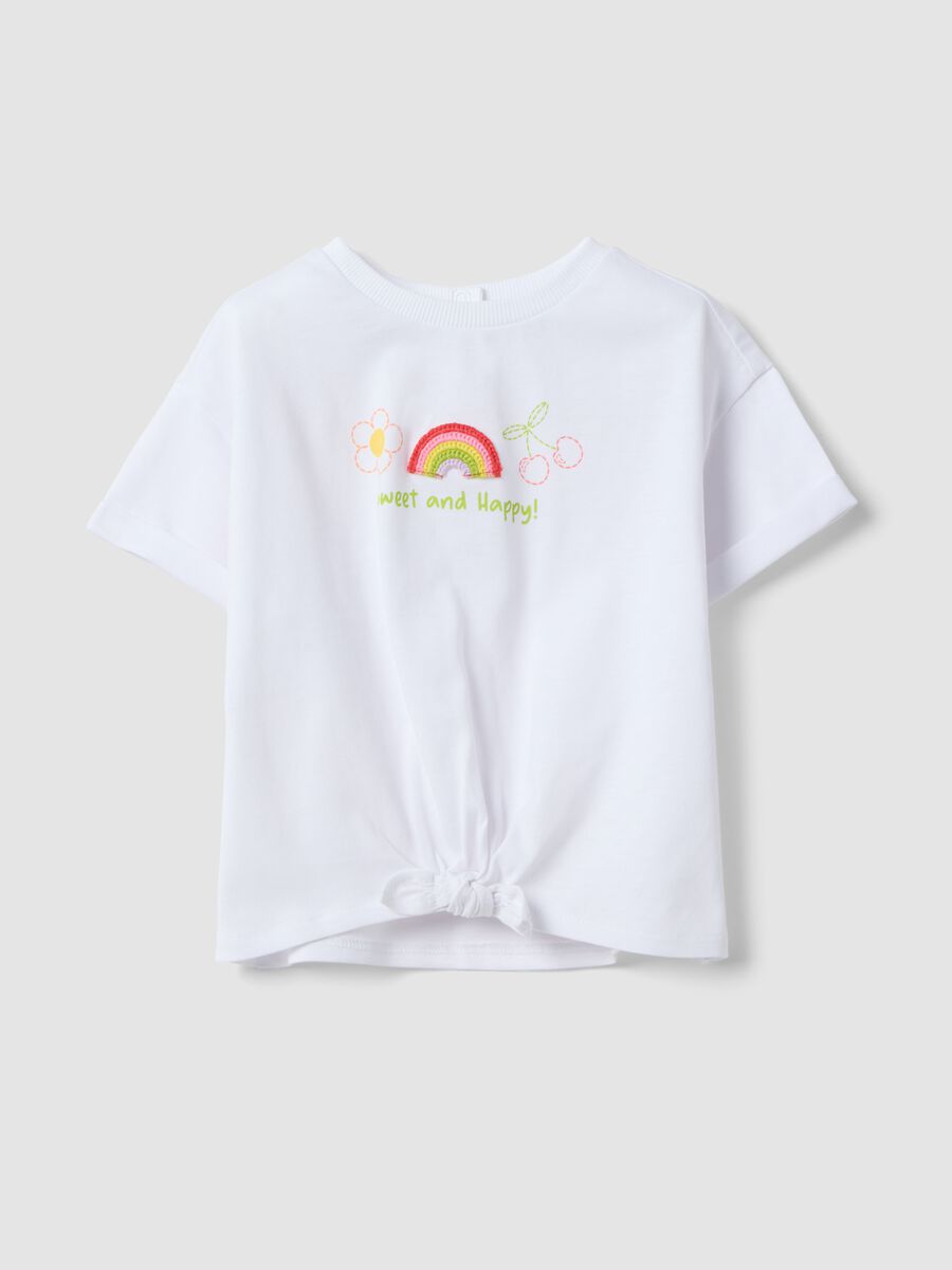 Girls&rsquo; white pure cotton regular-fit T-shirt with embroidery and bow_0