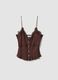 Brown stretch cotton fitted top with lace trim_4