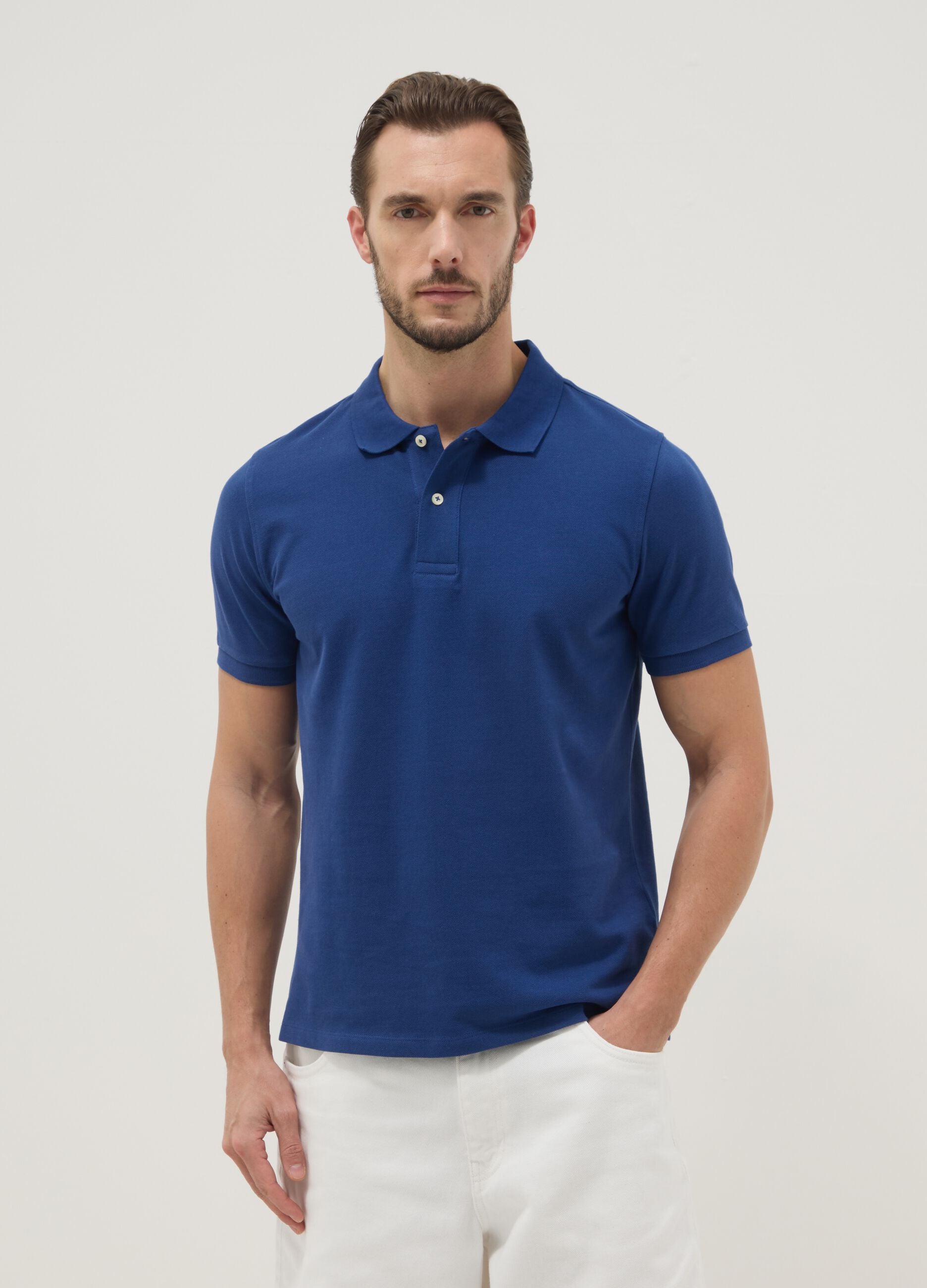 Regular fit short sleeve polo shirt in pure blue cotton