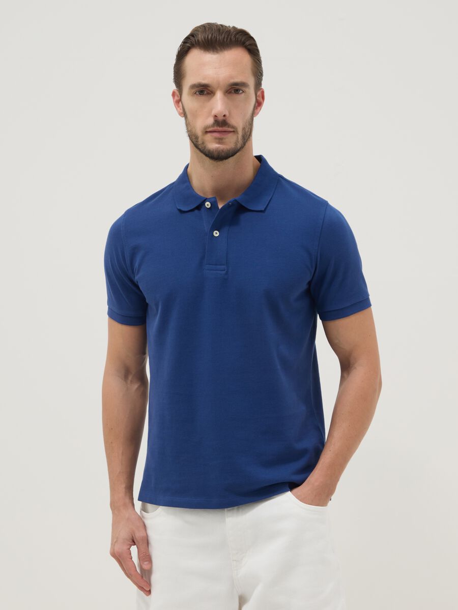 Regular fit short sleeve polo shirt in pure blue cotton_0
