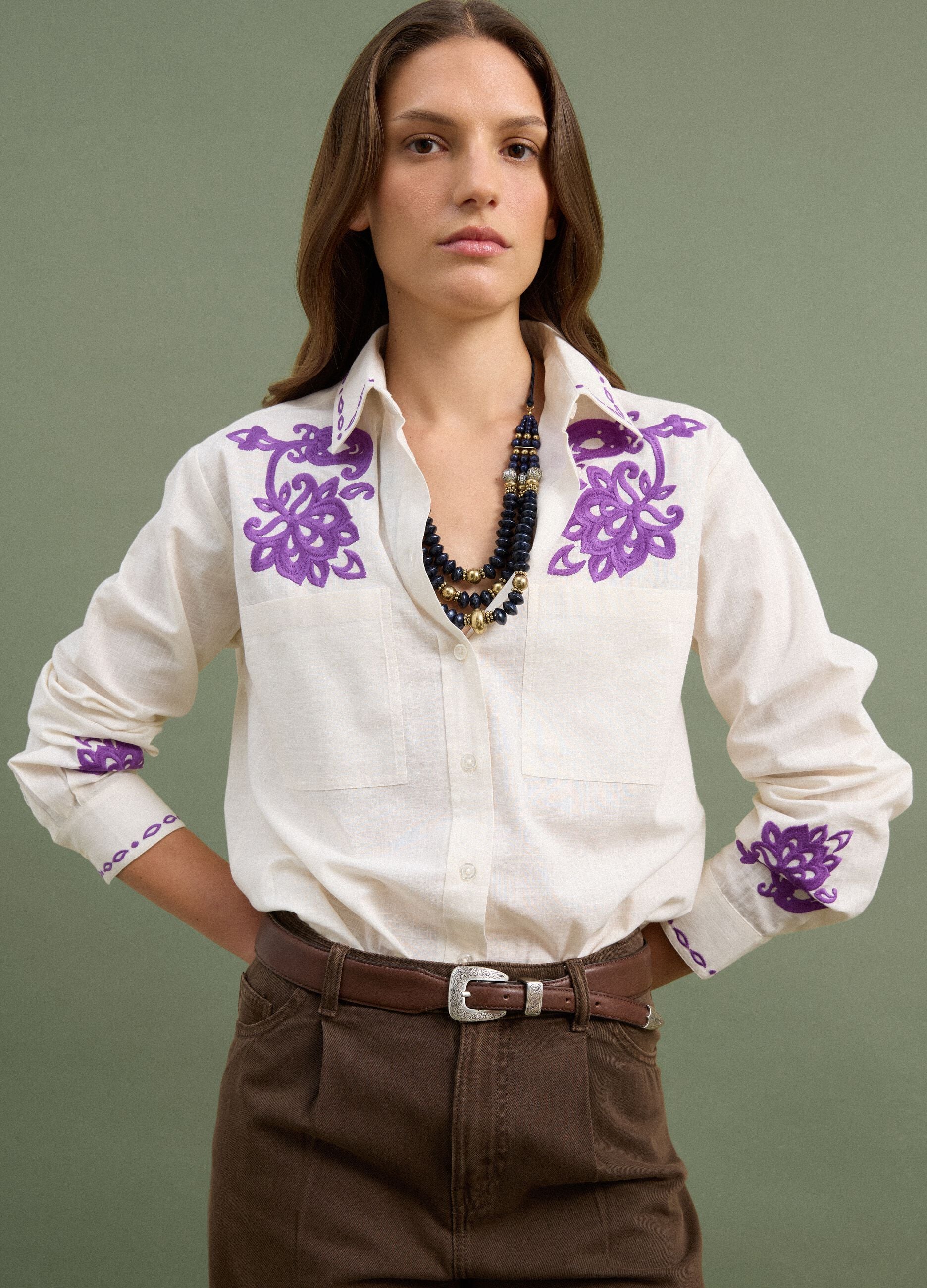 White pure cotton oversized shirt with purple embroidery