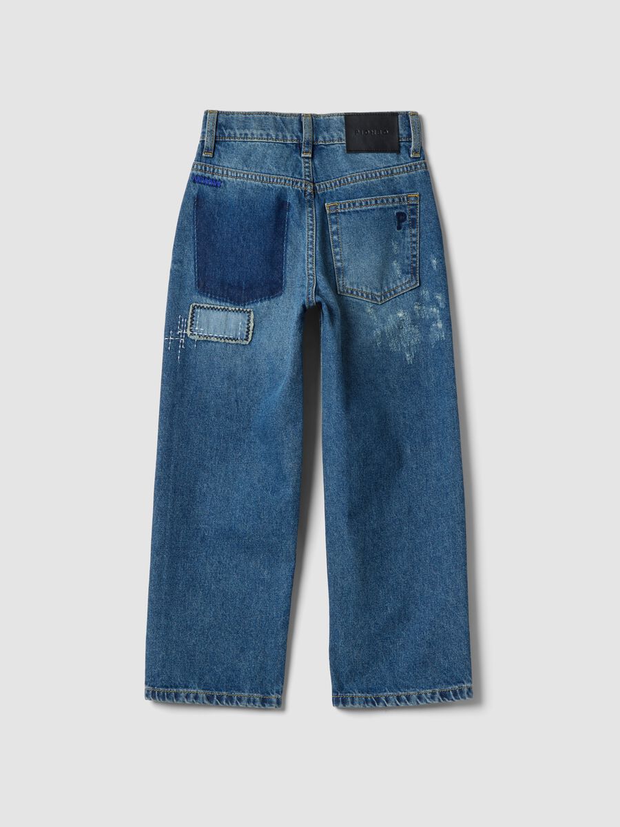 Blue pure cotton denim jeans, straight fit with patches for boys_2