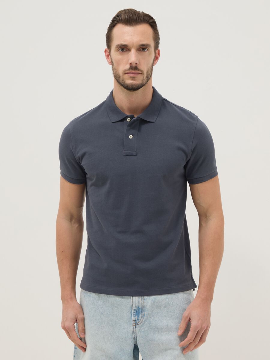 Blue slim fit short-sleeve polo in pure cotton_0