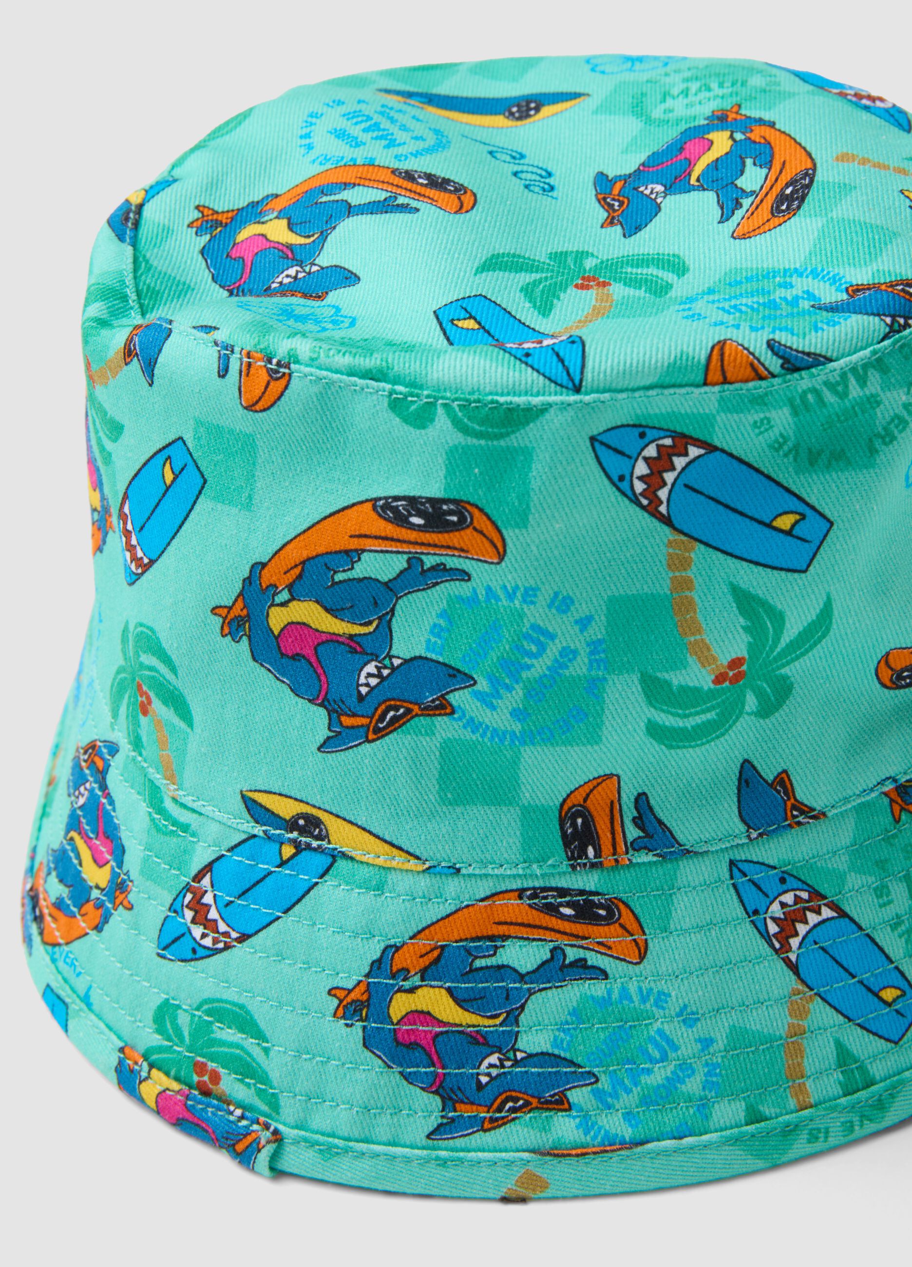 Children's light blue pure cotton hat with prints