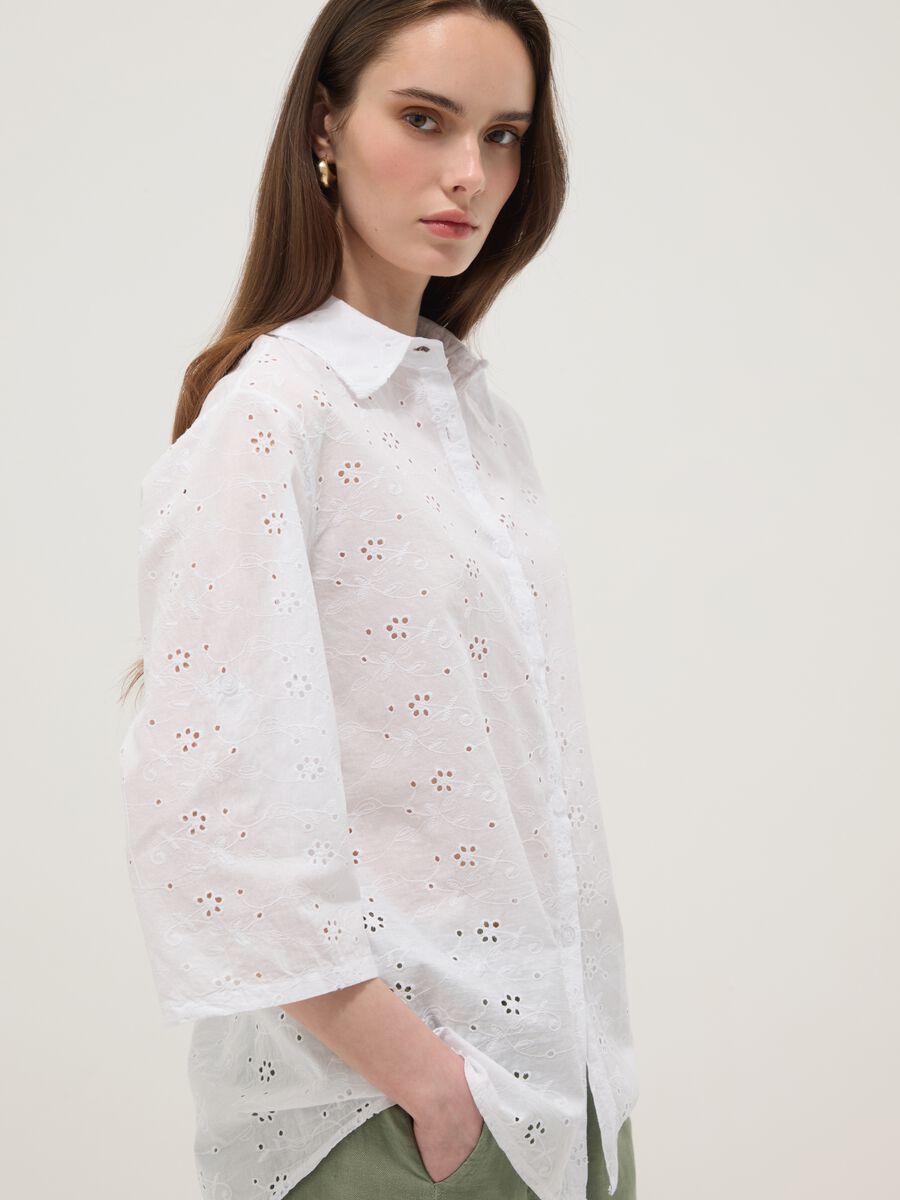 White broderie anglaise pure cotton shirt, regular fit_0