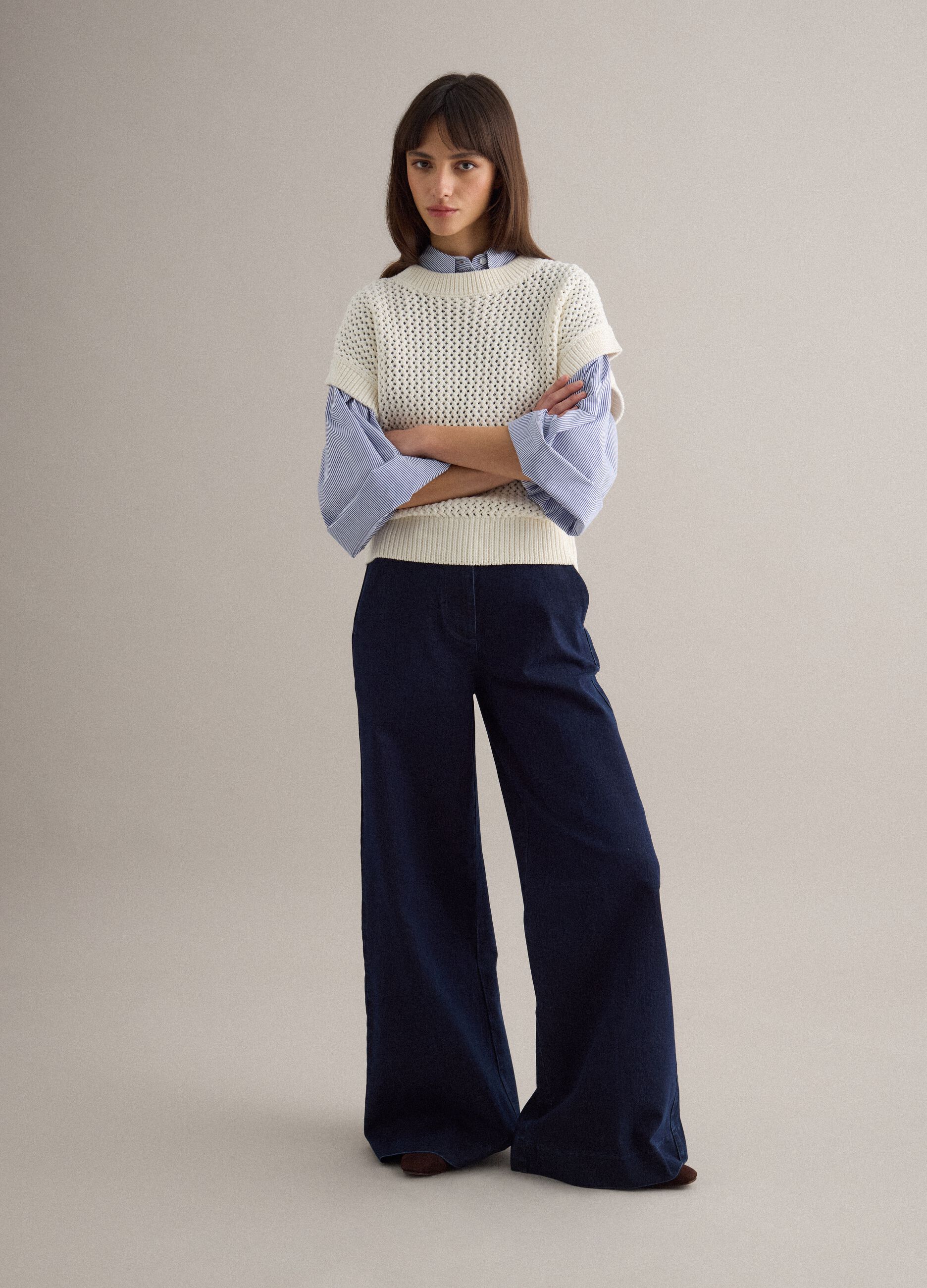 Blue Stretch Denim Wide Leg Trousers