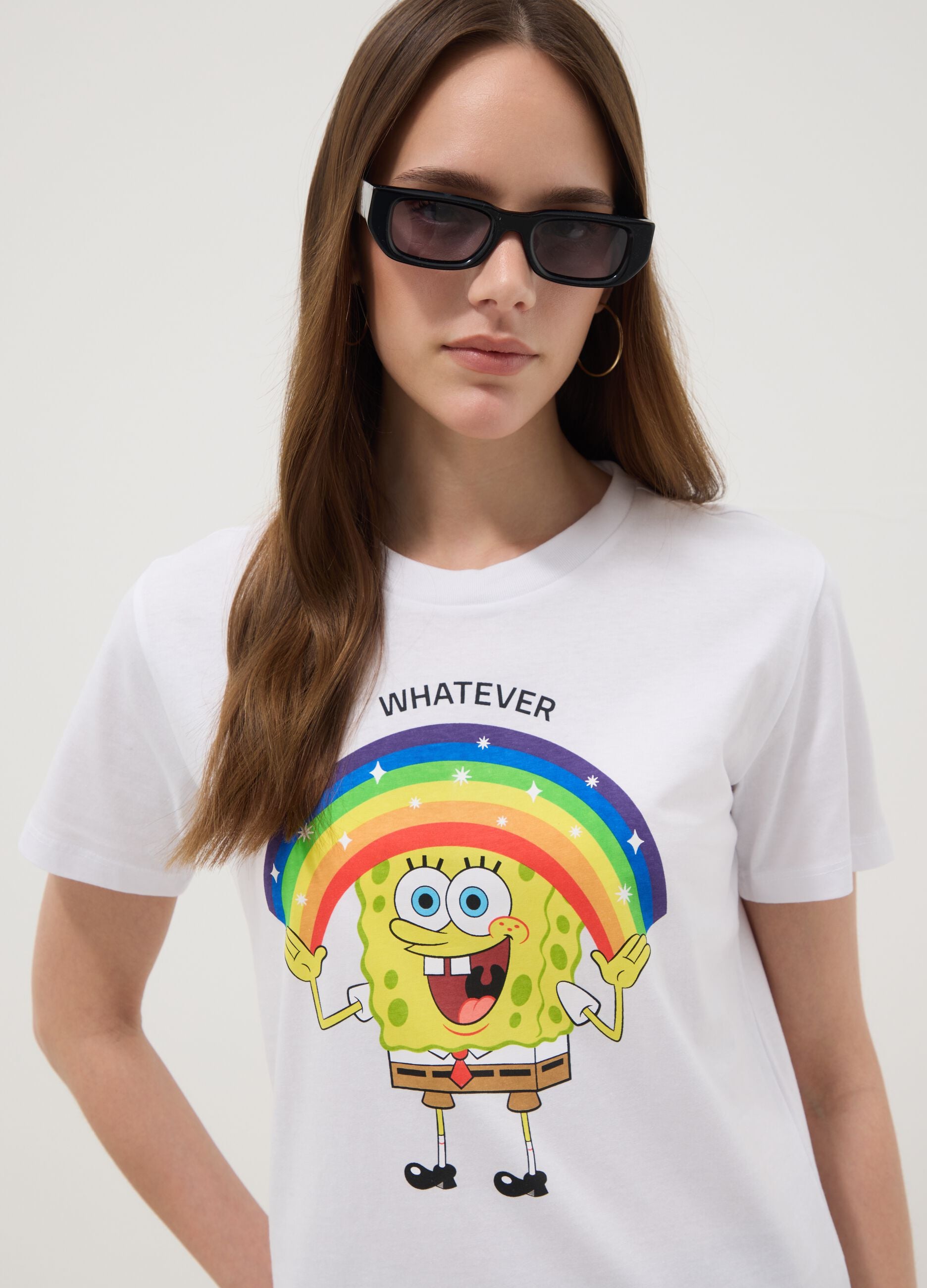 White pure cotton regular fit T-shirt with SpongeBob print