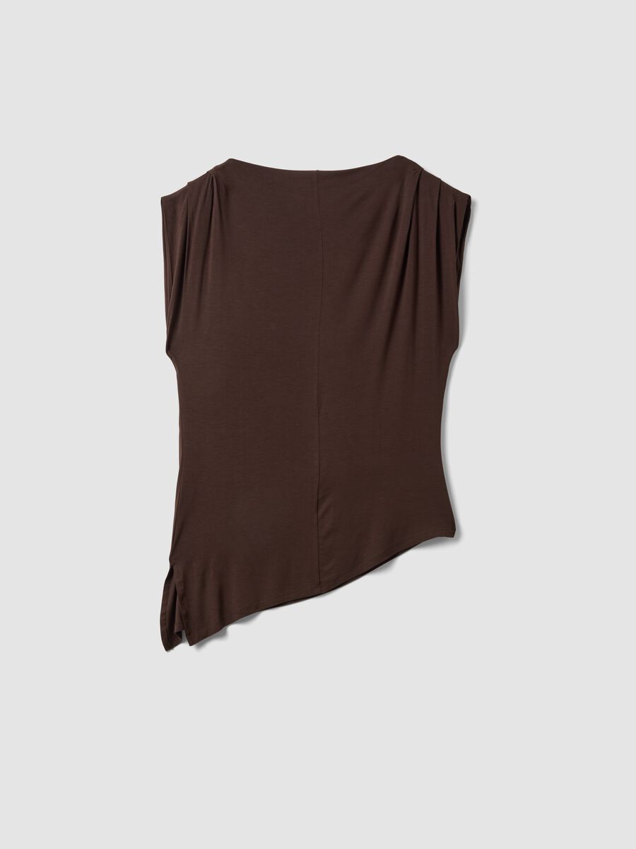 Brown stretch viscose T-shirt with draped neckline_1
