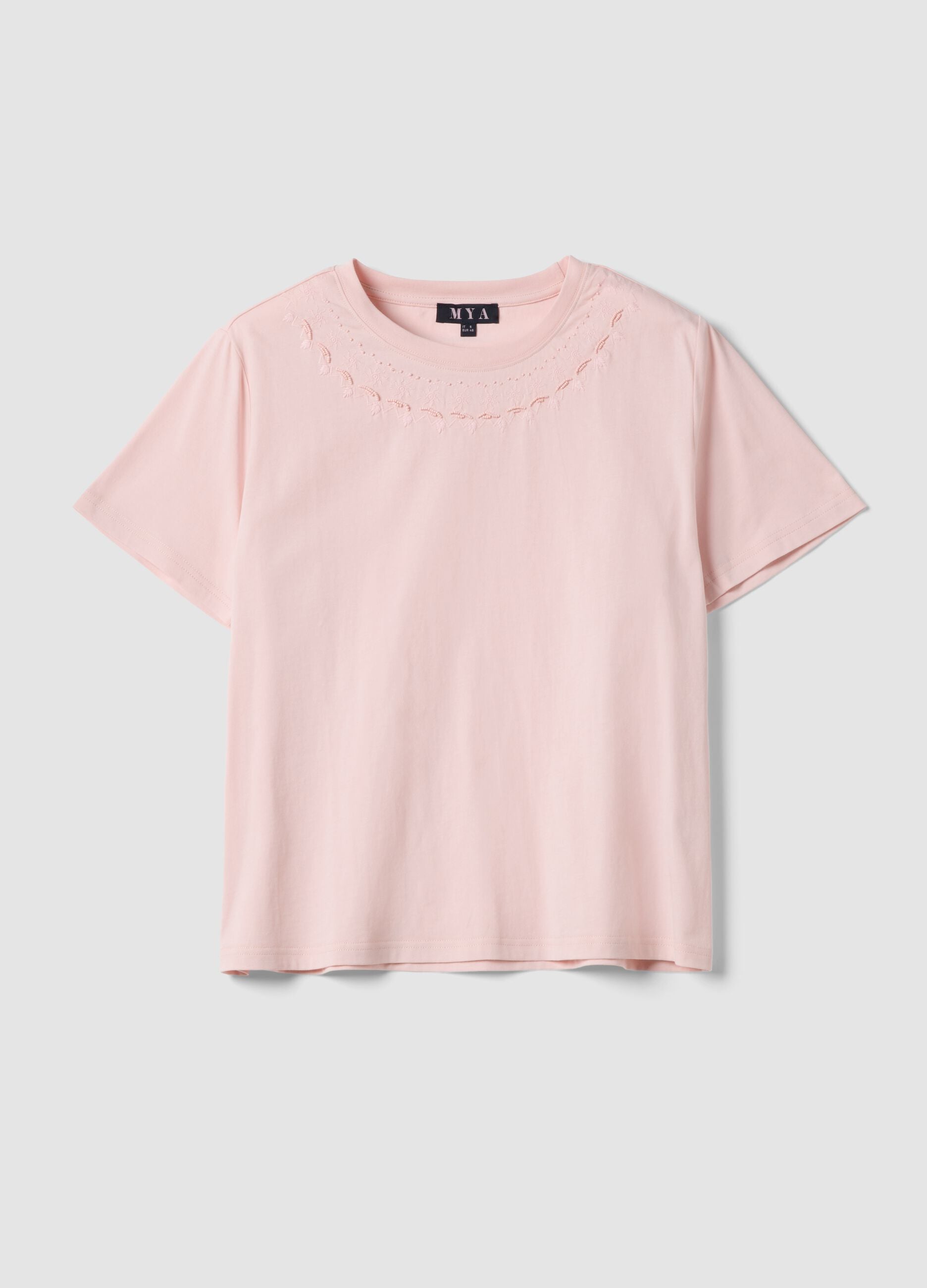 Pink pure cotton T-shirt with embroidered neckline