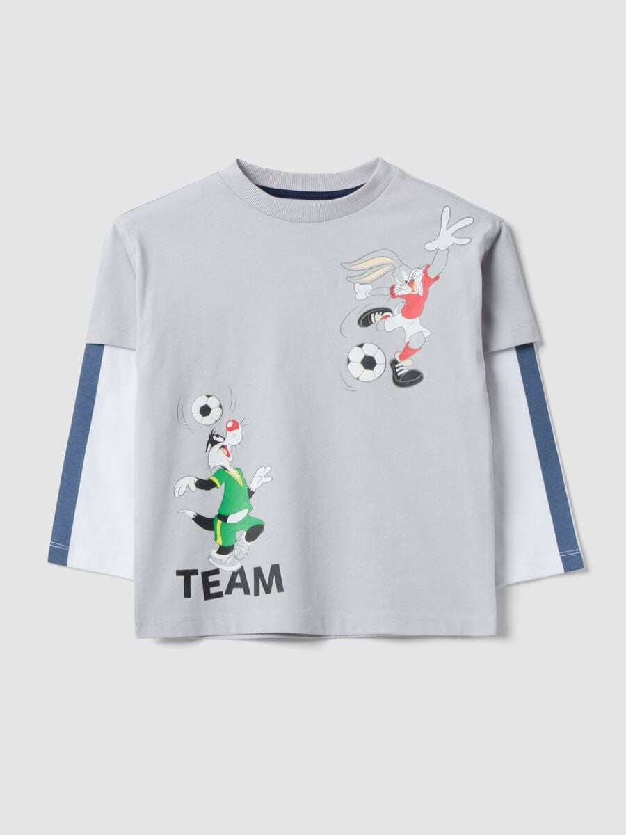 Grey pure cotton long-sleeve Looney Tunes print T-shirt for boys_0