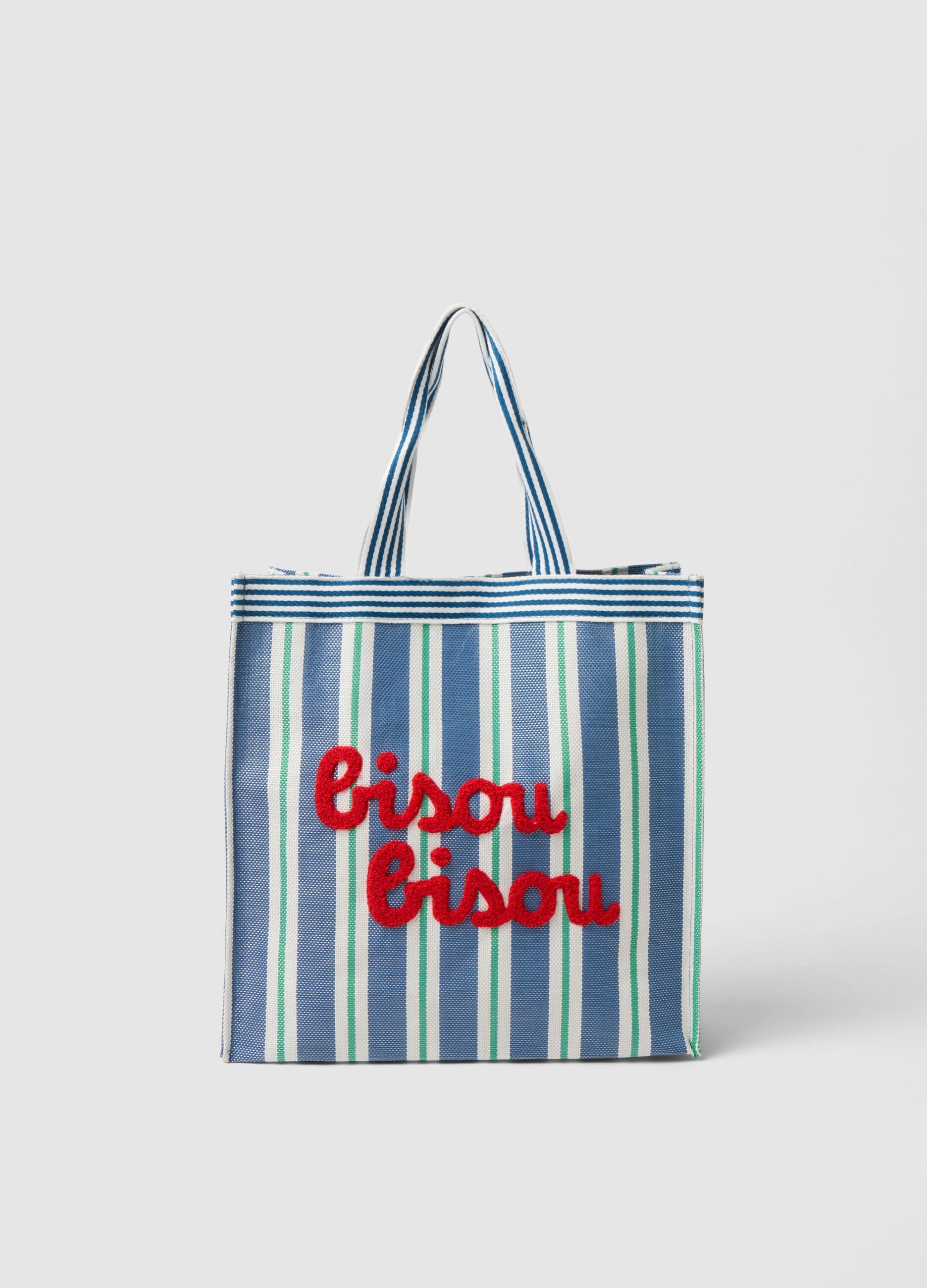 Multicolour striped shopper bag with embroidered inscription